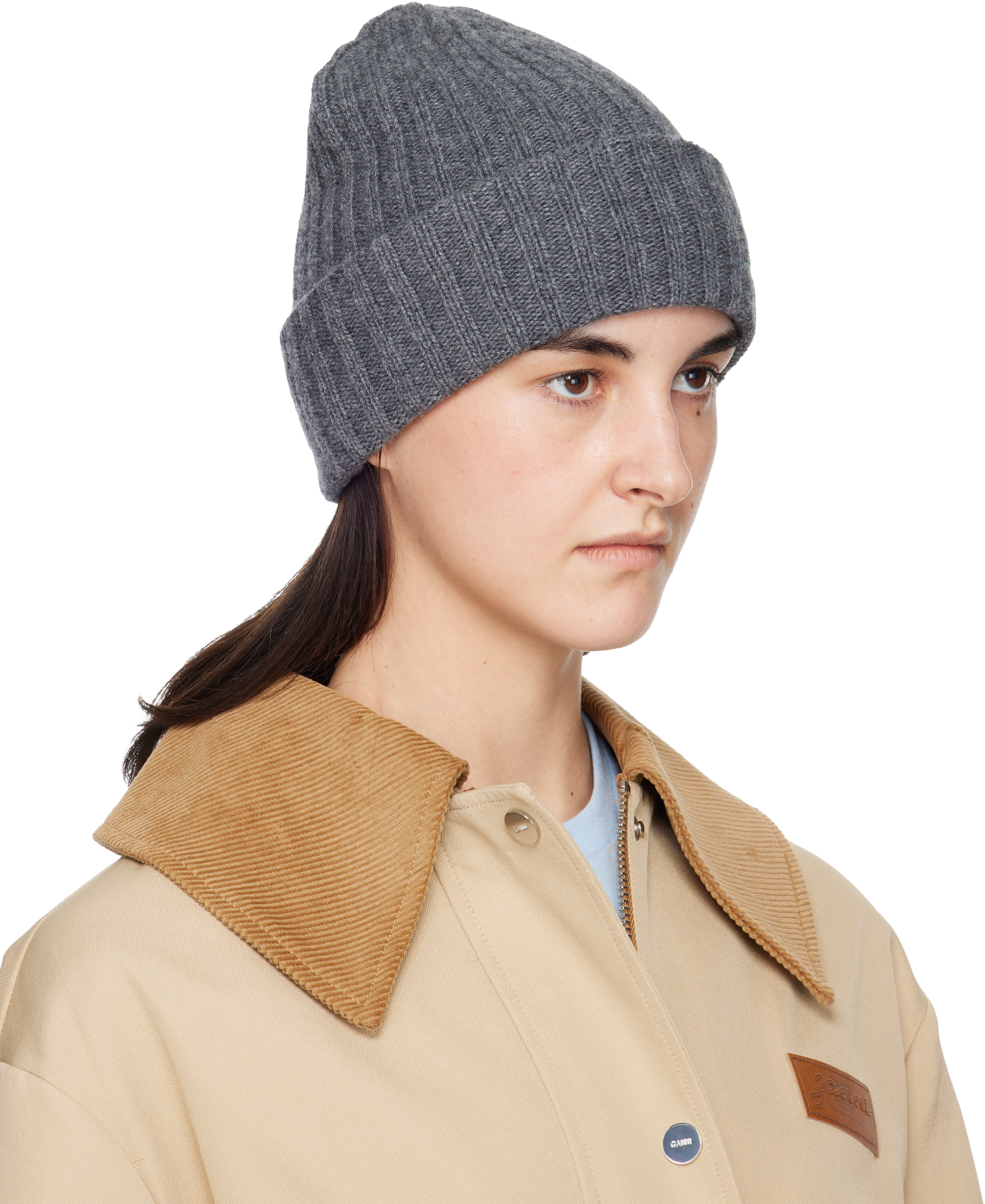 Ganni Gray Wool Knit Beanie In Gray