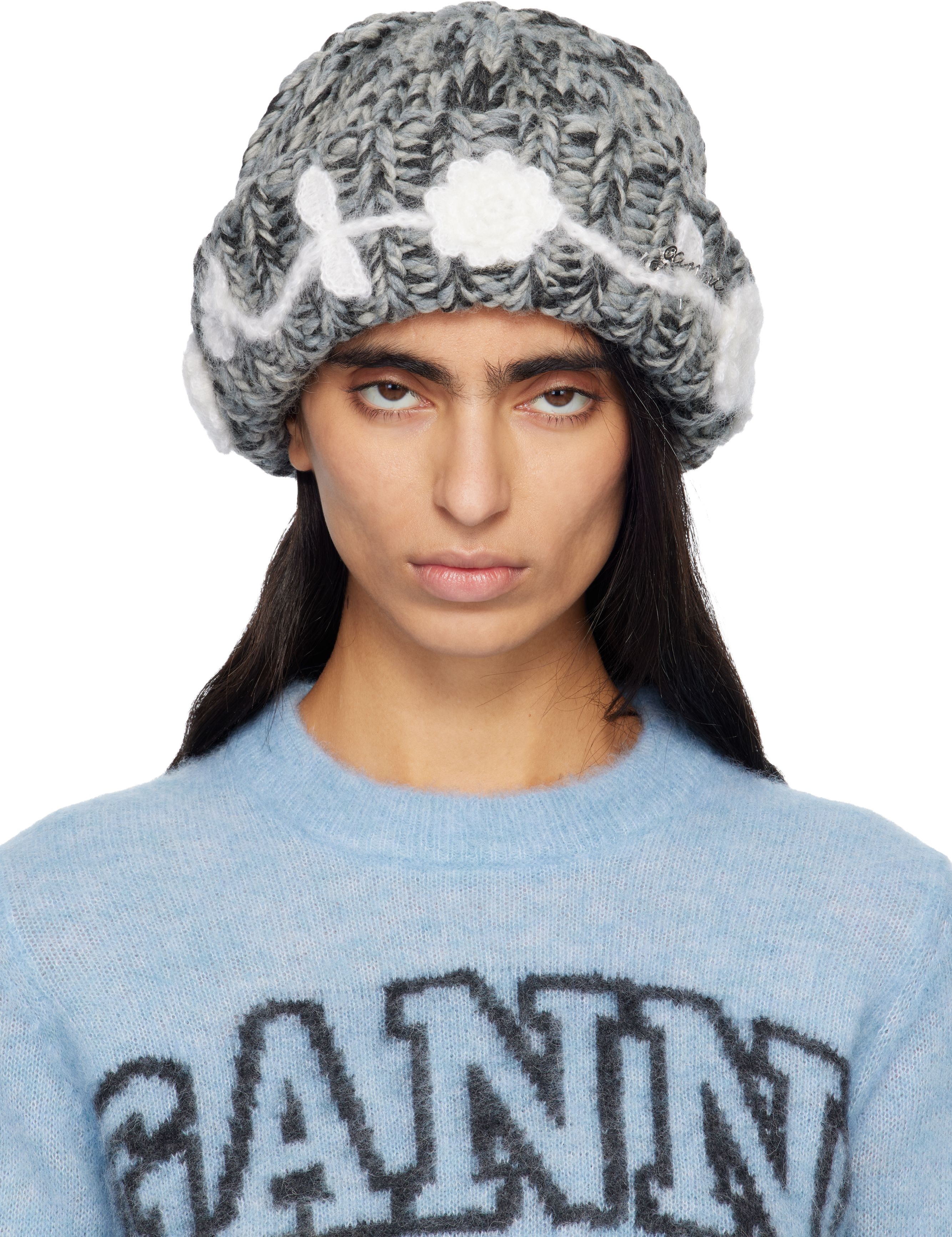 Ganni Gray Wool Handknit Beanie In Black
