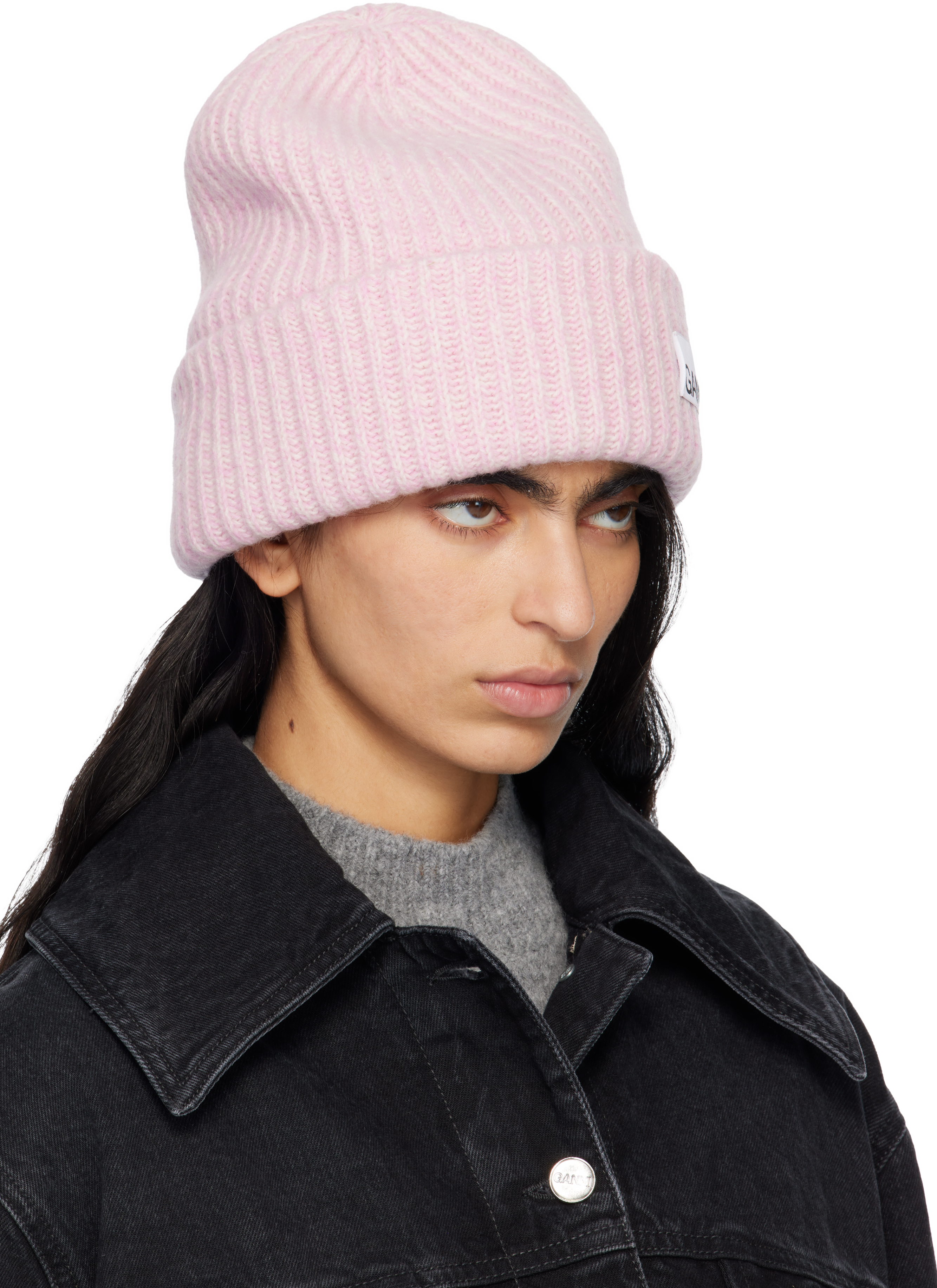 Ganni Pink Oversized Wool Rib Knit Beanie