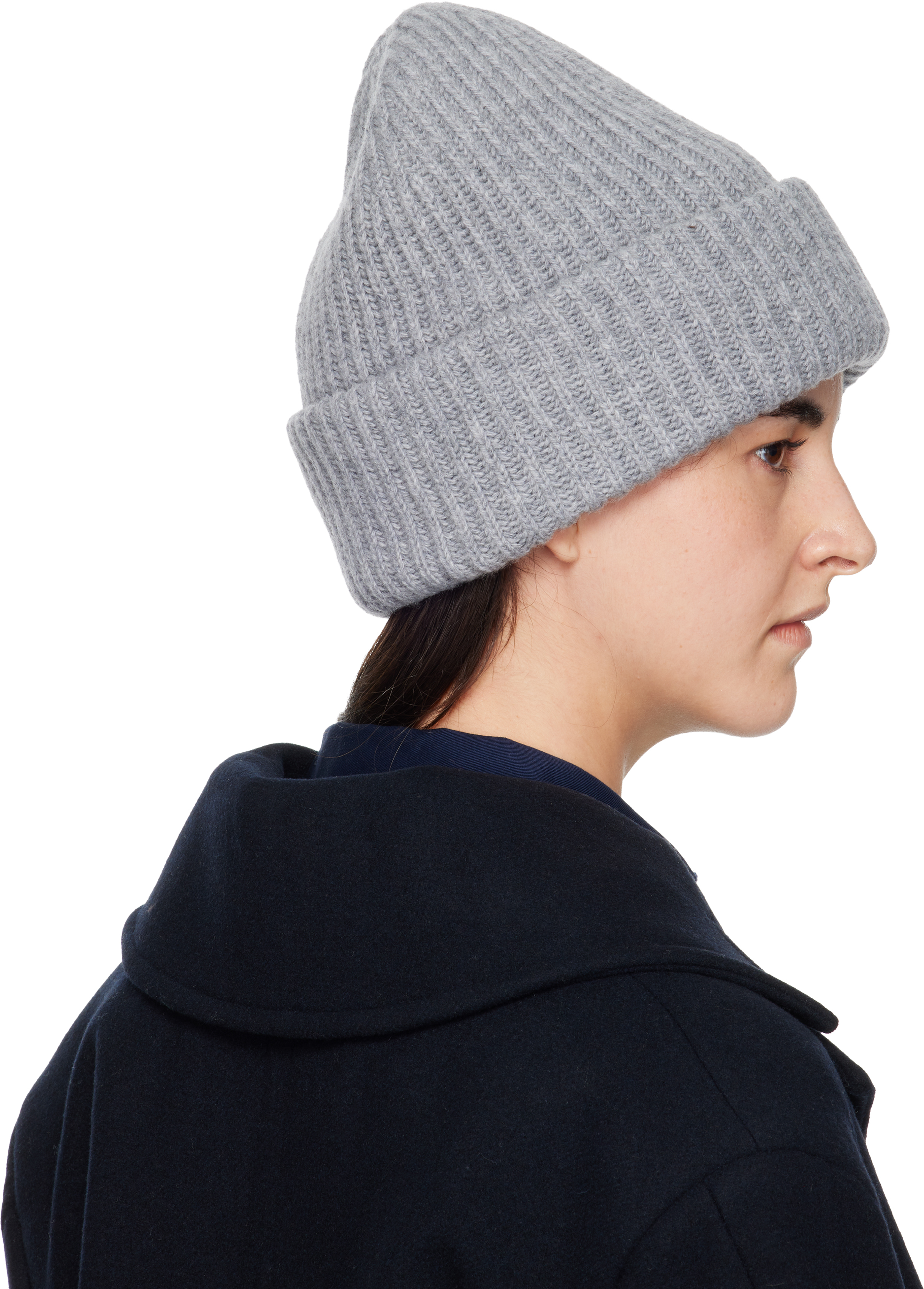 Ganni Gray Oversized Wool Rib Knit Beanie