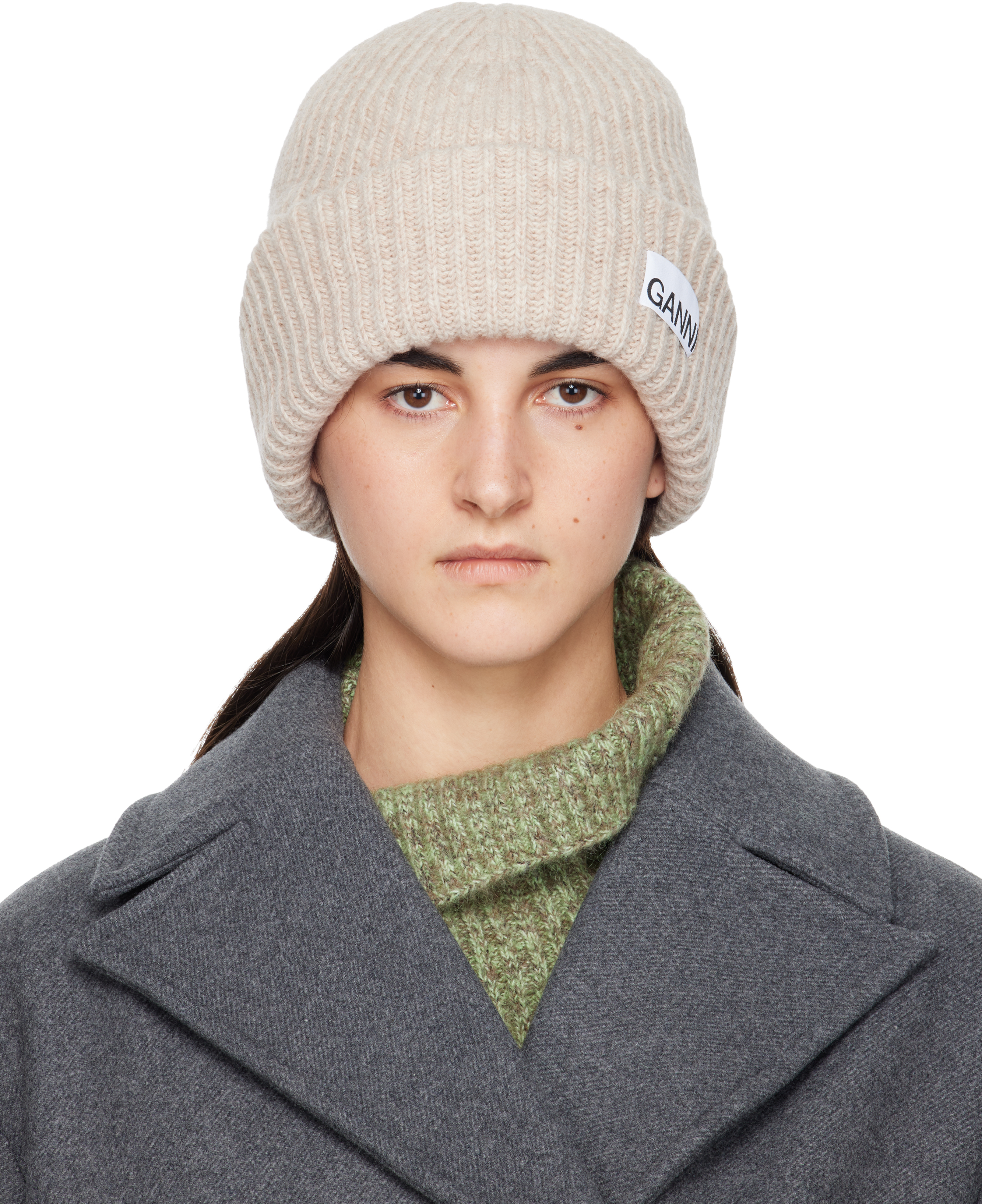 Ganni Beige Oversized Wool Rib Knit Beanie
