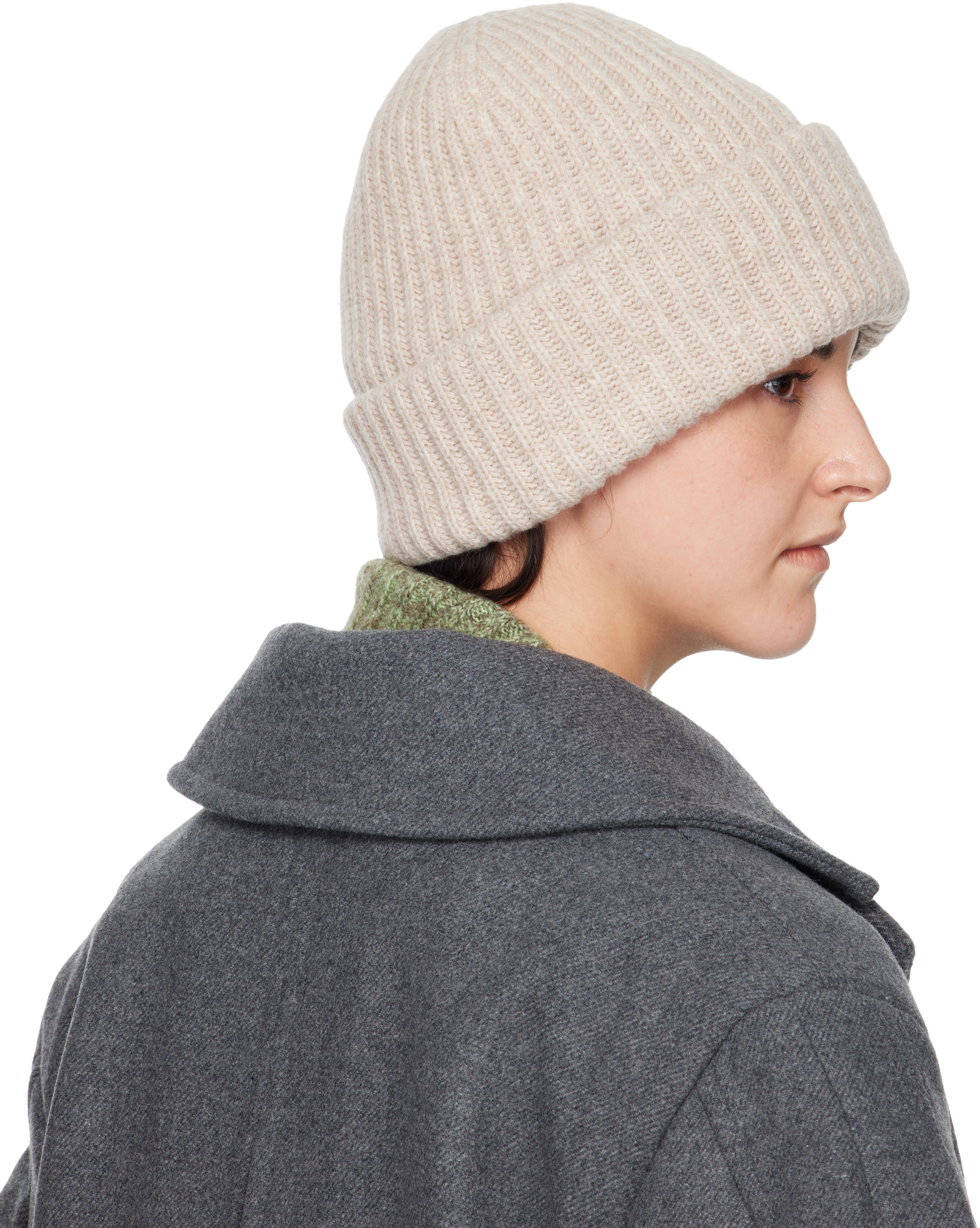 Ganni Beige Oversized Wool Rib Knit Beanie