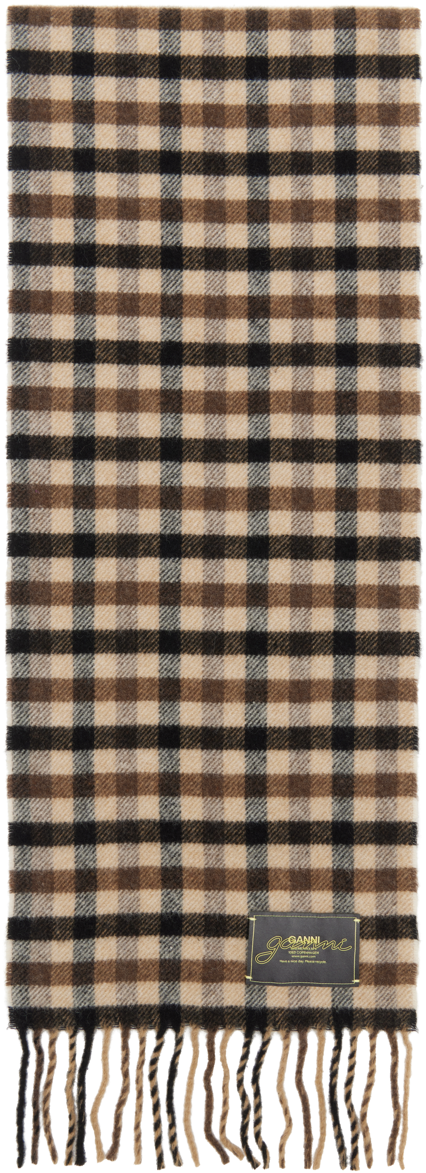 Ganni Brown Graphic Wool Scarf