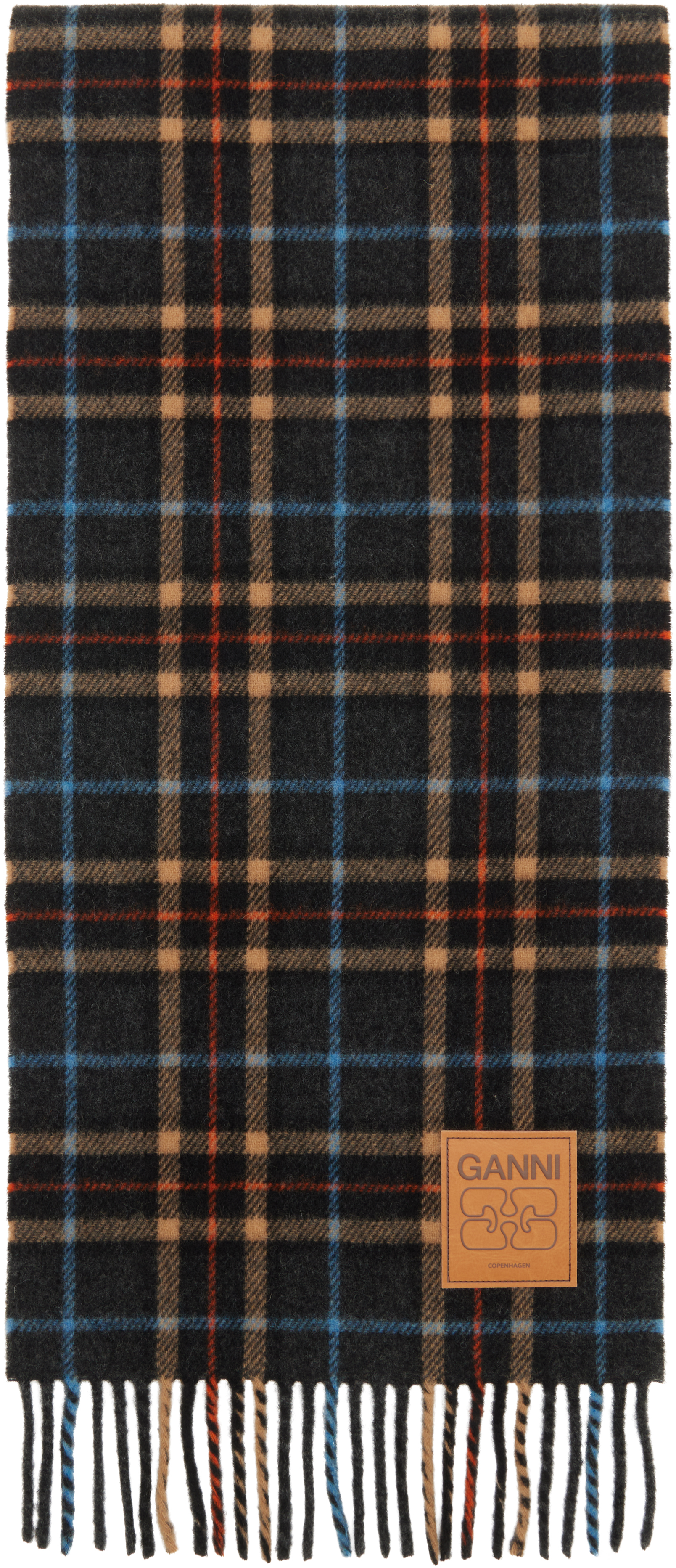 Ganni Gray Check Wool Scarf