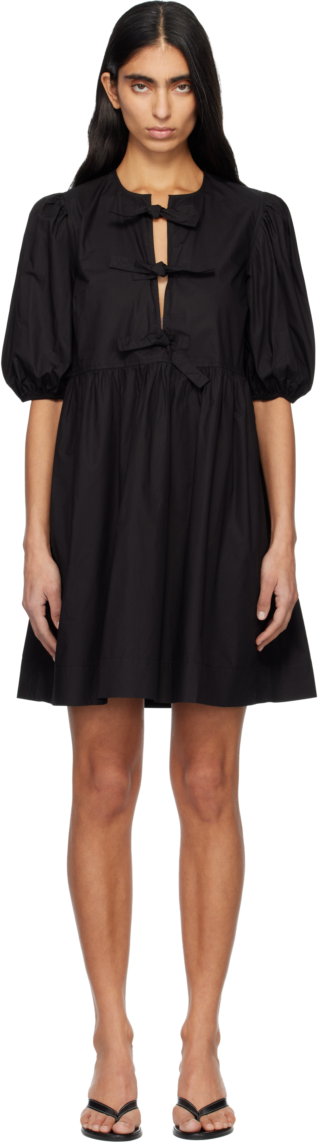 Ganni Black Cotton Poplin Tie String Mini Dress In Black
