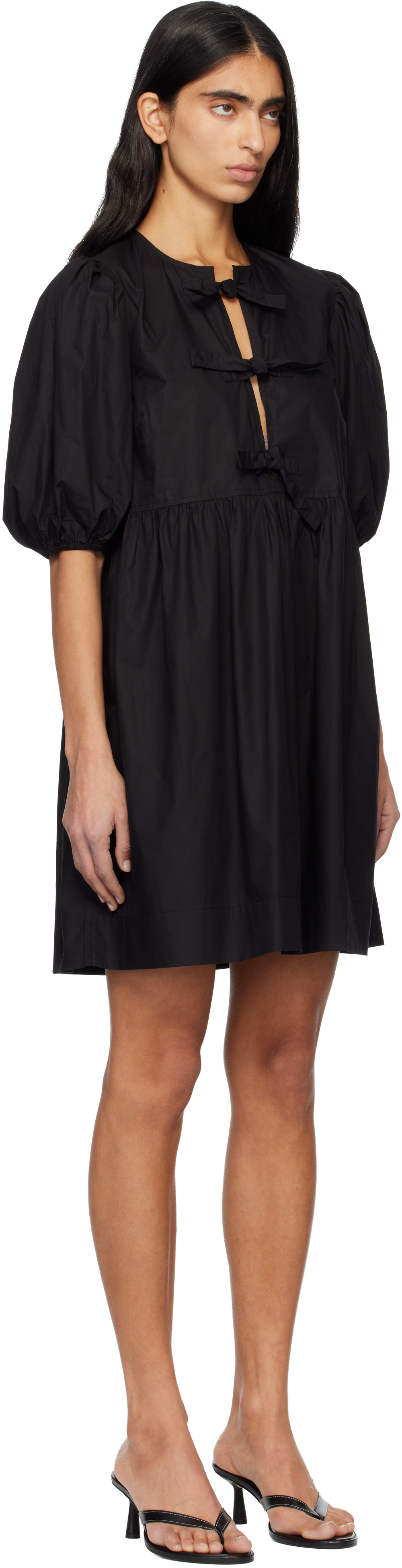 Ganni Black Cotton Poplin Tie String Mini Dress In Black