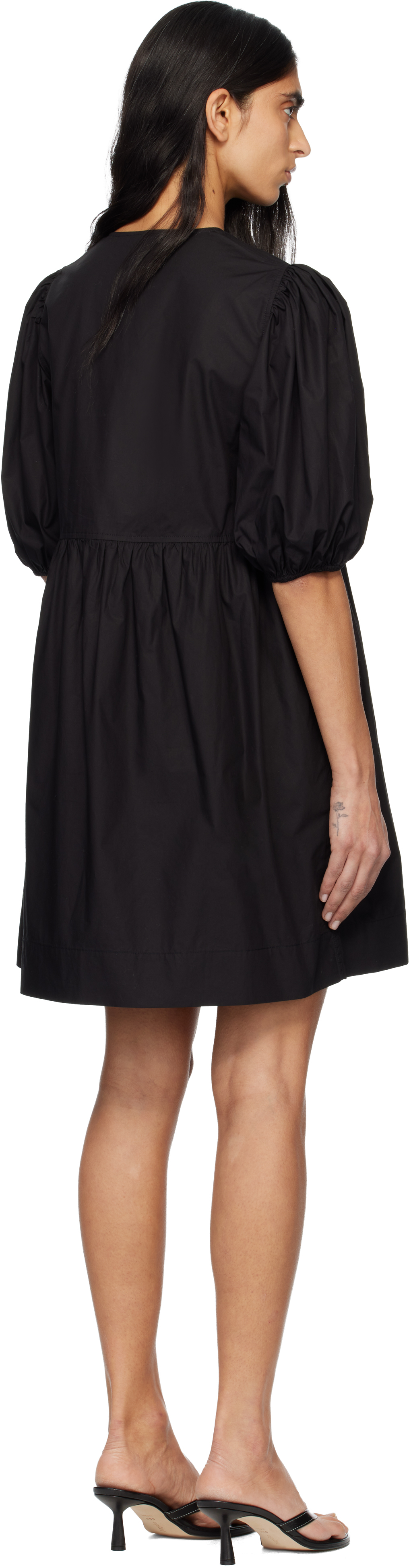 Ganni Black Cotton Poplin Tie String Mini Dress In Black