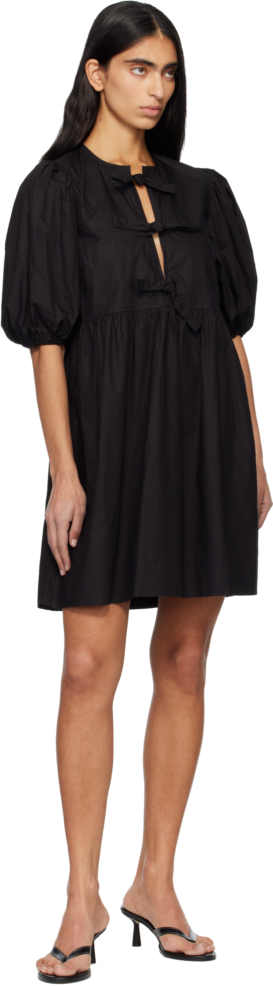 Ganni Black Cotton Poplin Tie String Mini Dress In Black