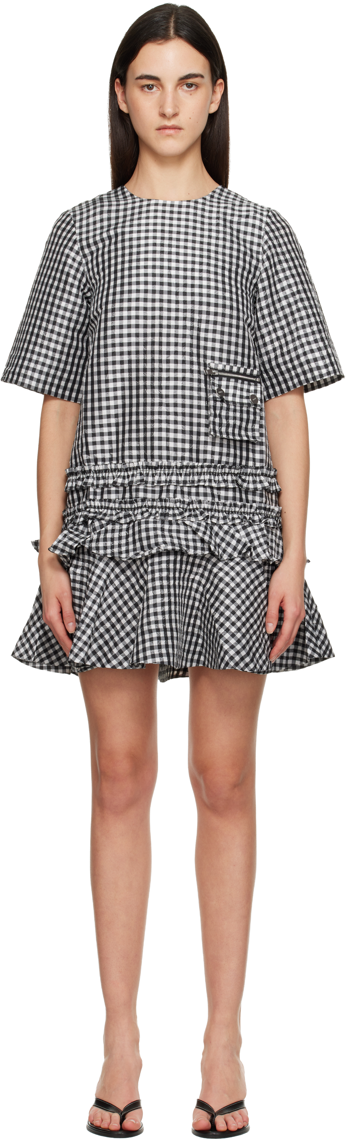 Ganni Mini Dress With Crinkled Check Pattern In Multi