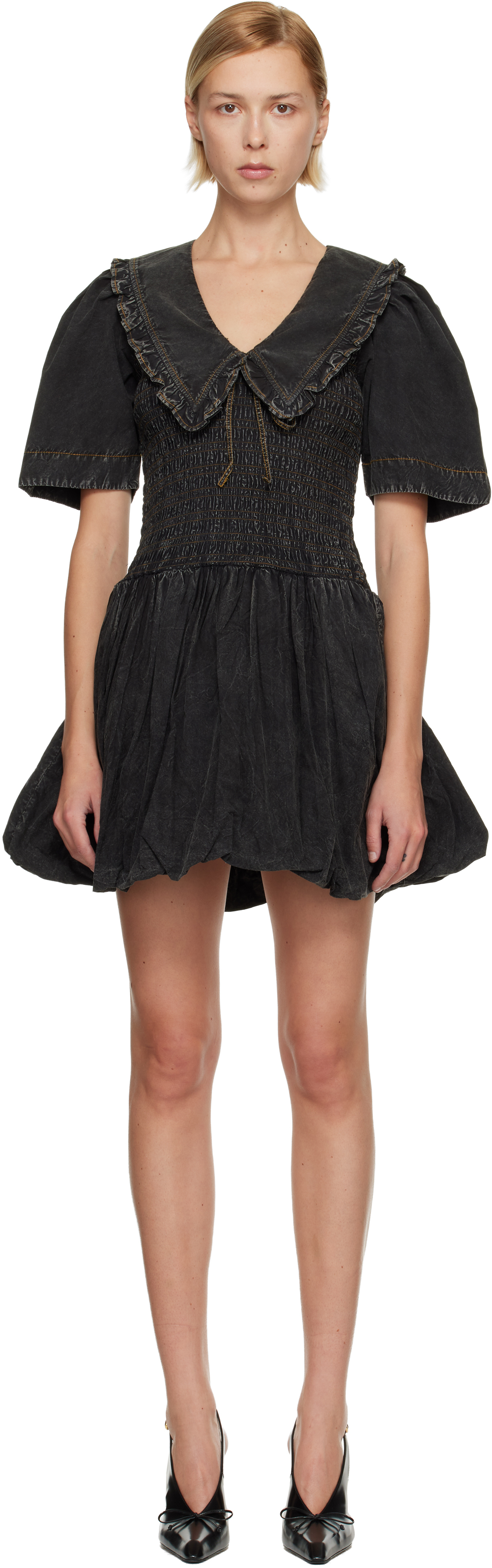 Black Washed Smock Minidress by GANNI on Sale