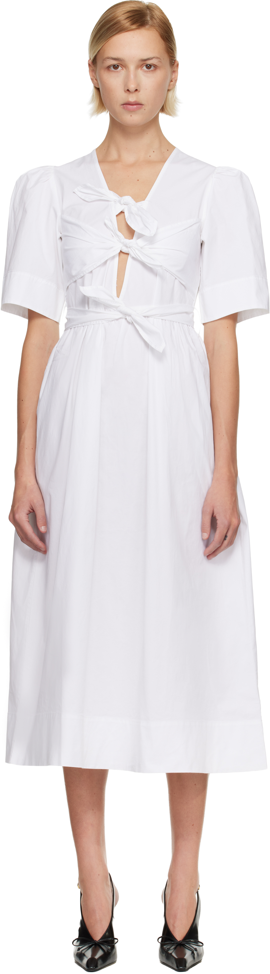 White Washed Stretch Cotton Tie Strap Midi Dress by GANNI on Sale