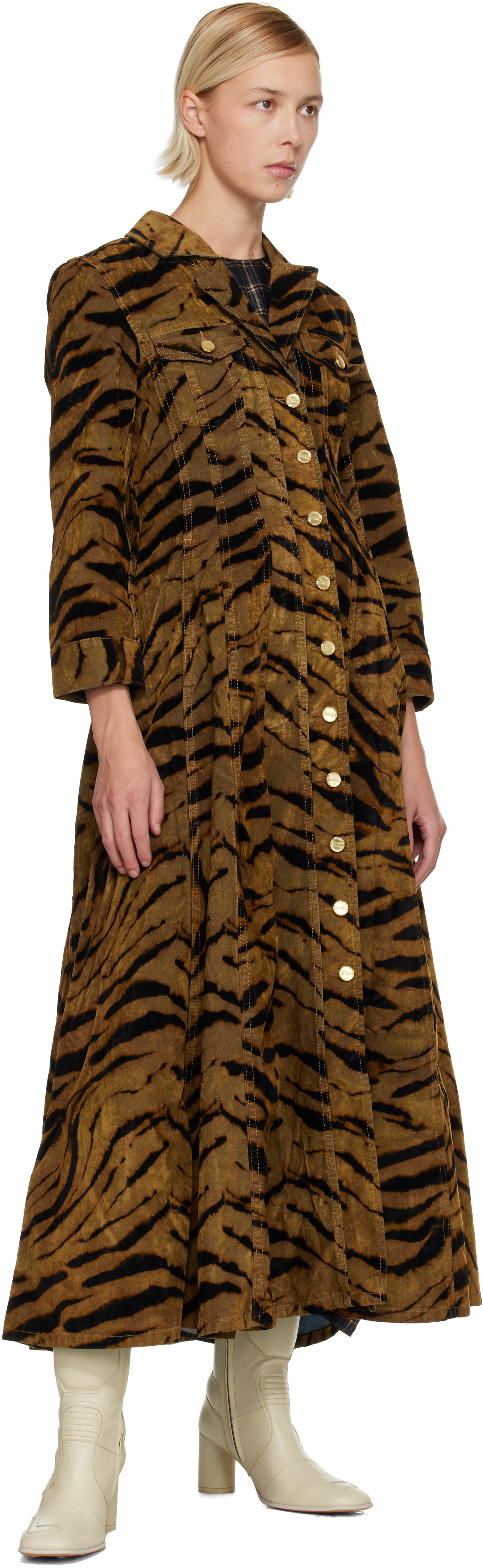 Ganni Brown Tiger Print Midi Dress In Brown