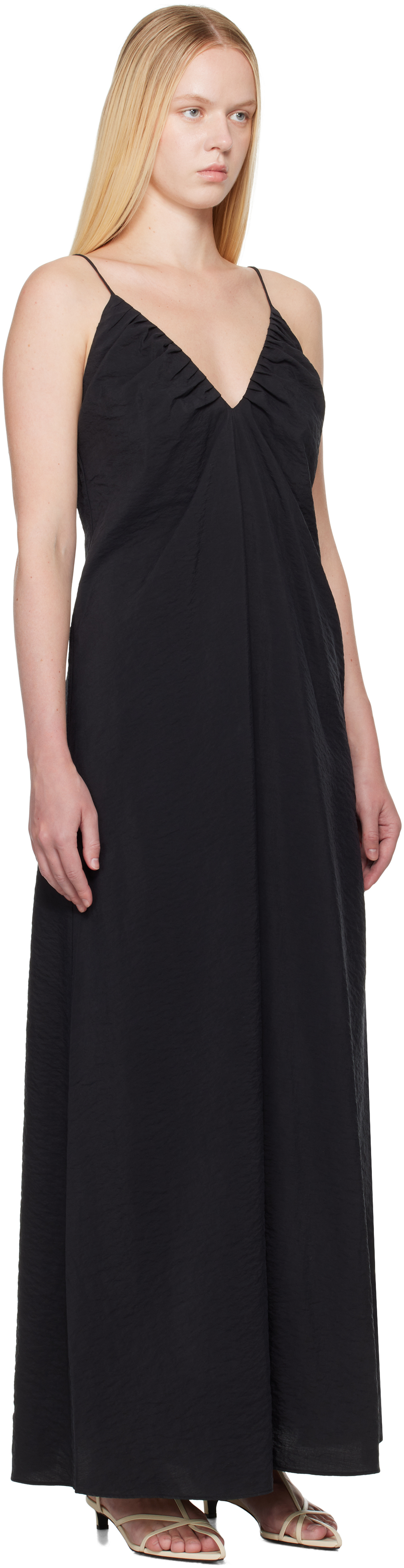 Shop Rohe Black Hammered Silk V-neck Strap Maxi Dress