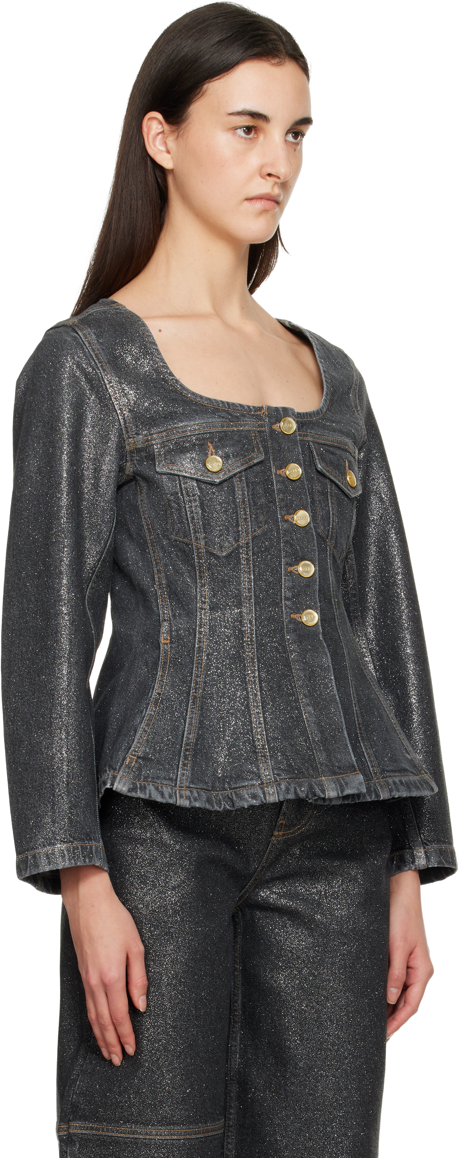 Ganni Black Shimmery Foil Denim Blazer In Black