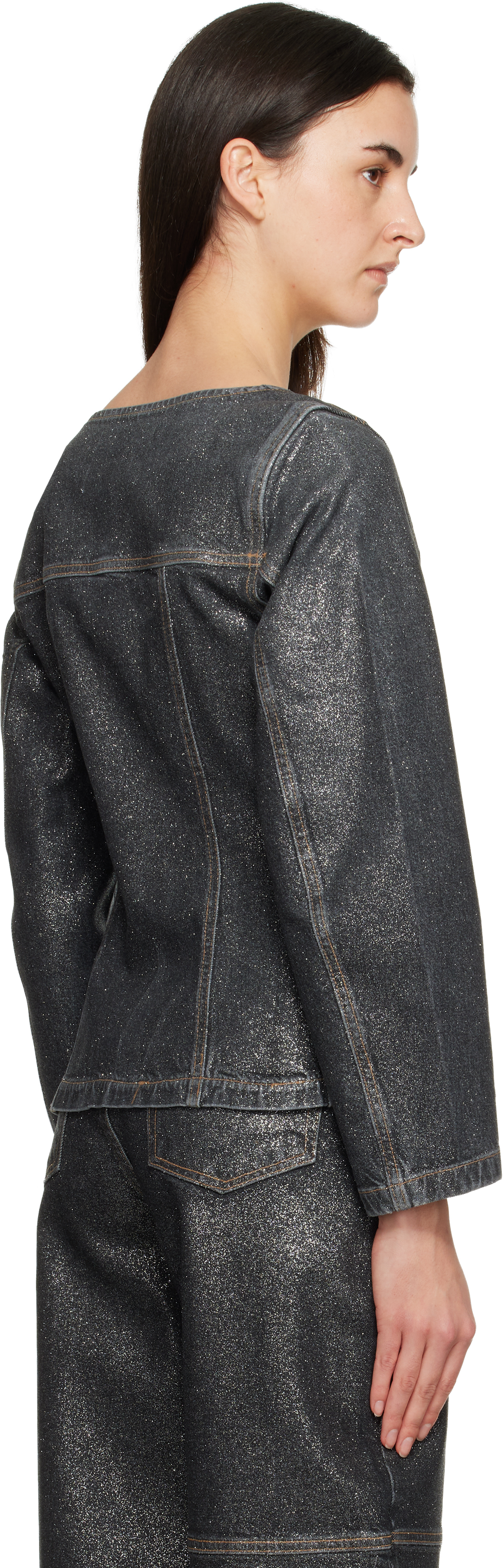 Ganni Black Shimmery Foil Denim Blazer In Black