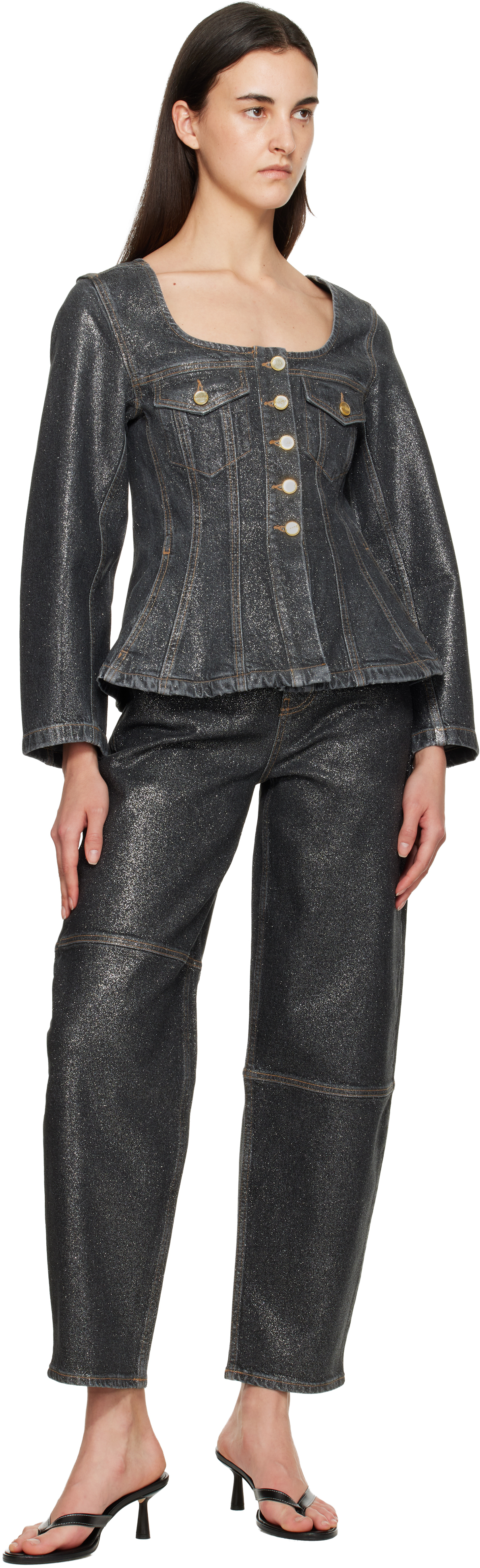 Ganni Black Shimmery Foil Denim Blazer In Black