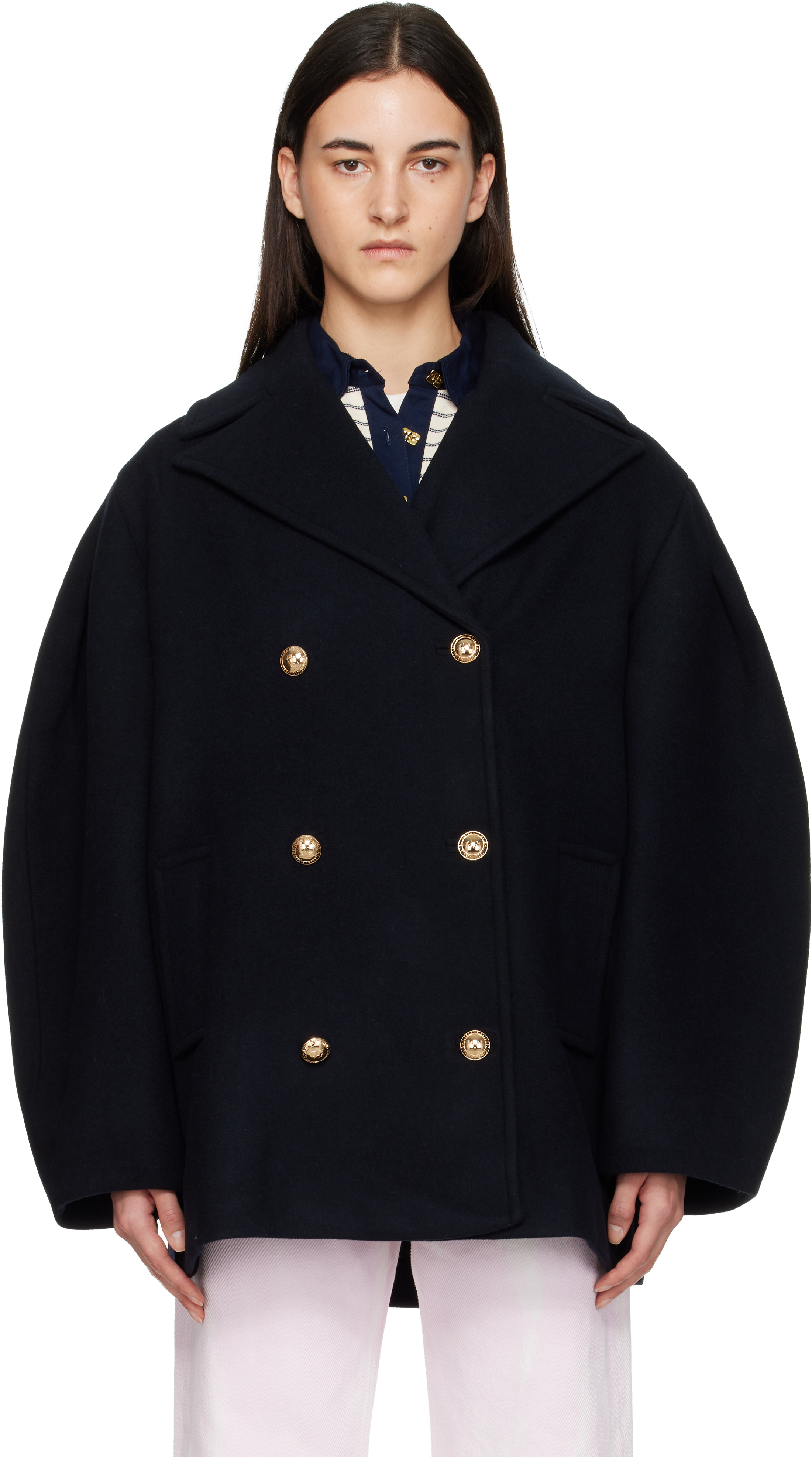 GANNI Navy Wool Oversized Midi Pea Coat