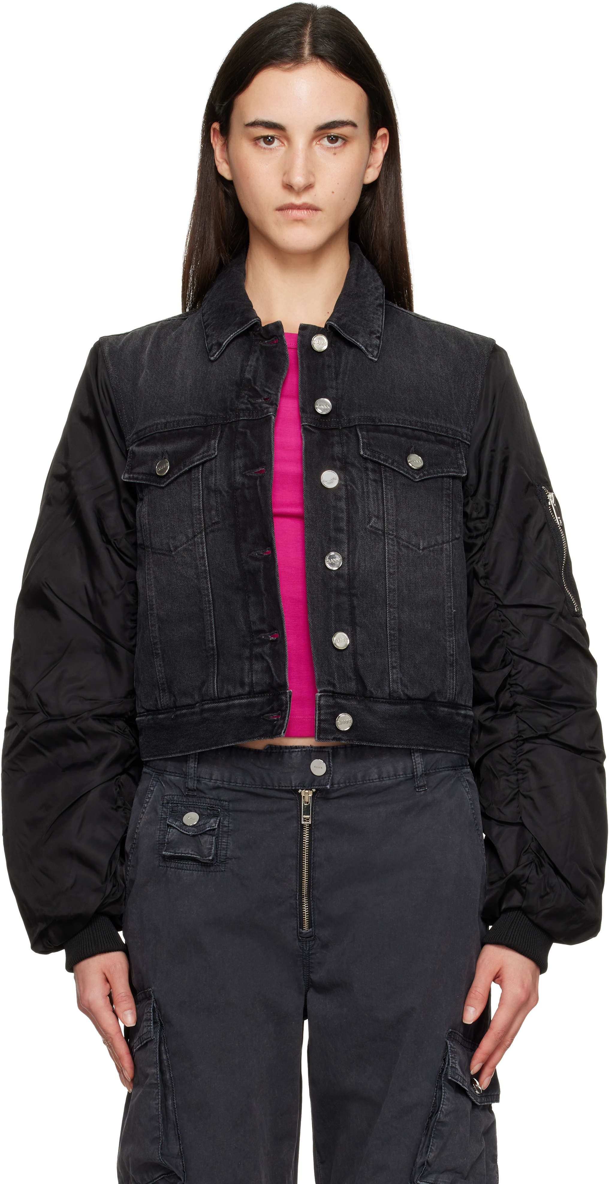Black Rigid Denim Jacket by GANNI on Sale