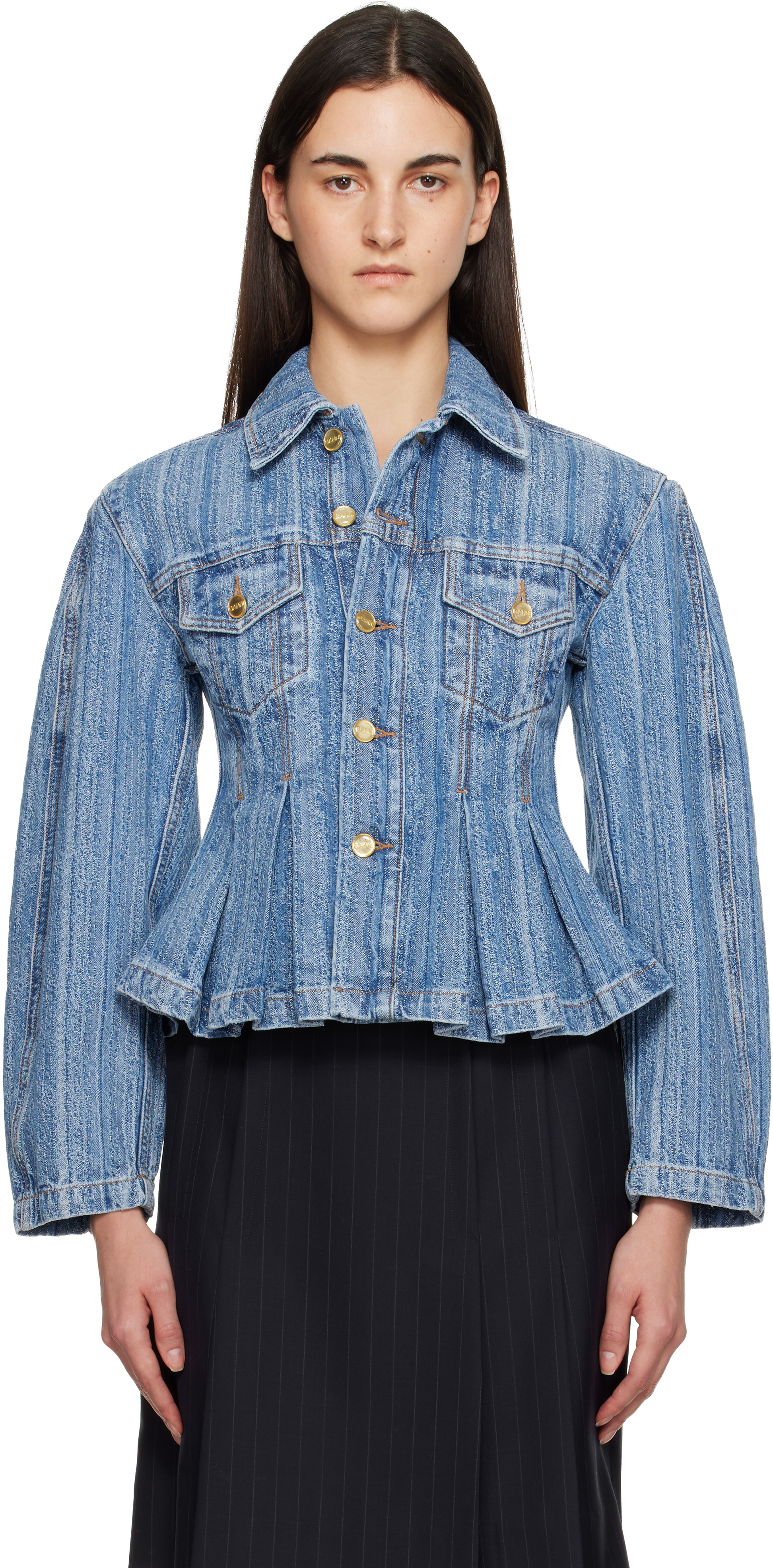 Ganni Blue Striped Pleated Denim Jacket