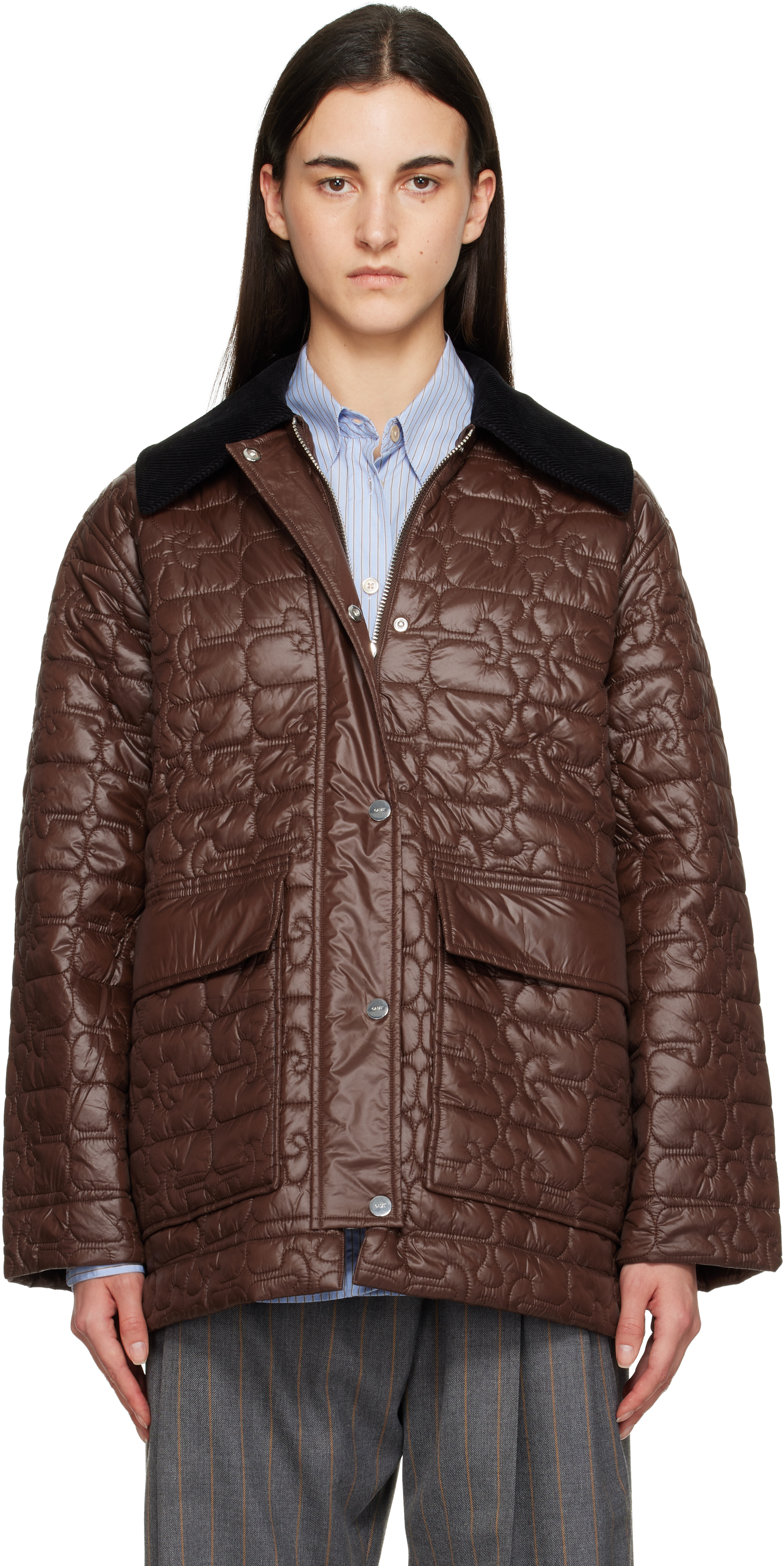 GANNI Brown Shiny Quilt Midi Jacket