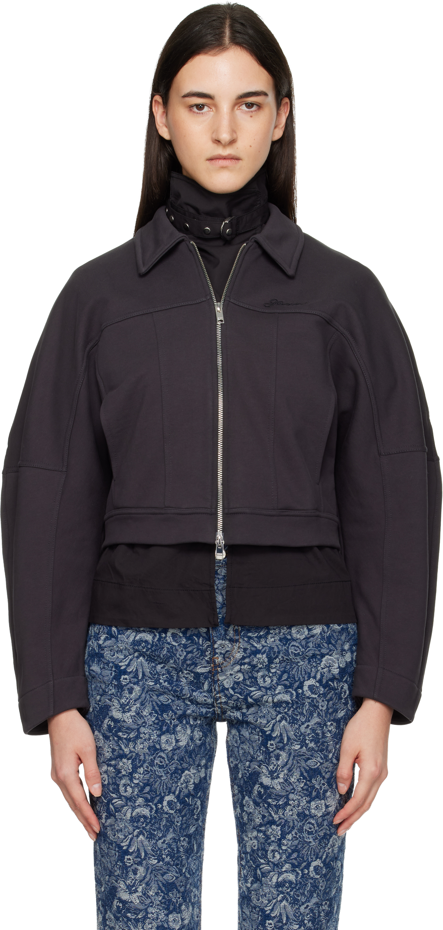 Ganni Collared Neck Panel Detailing Bomber Jacket In Black