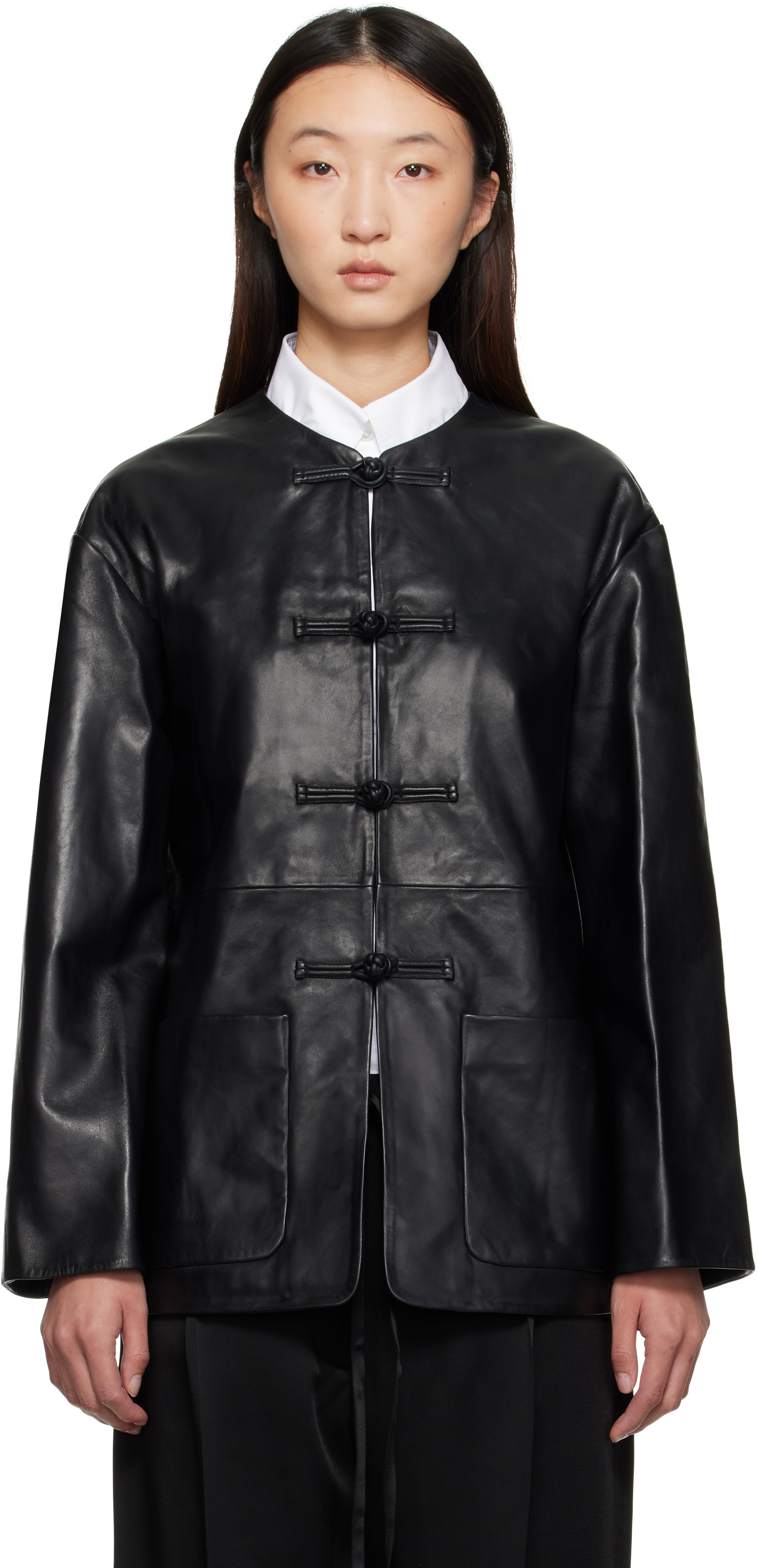 Róhe Black Mandarin Leather Jacket