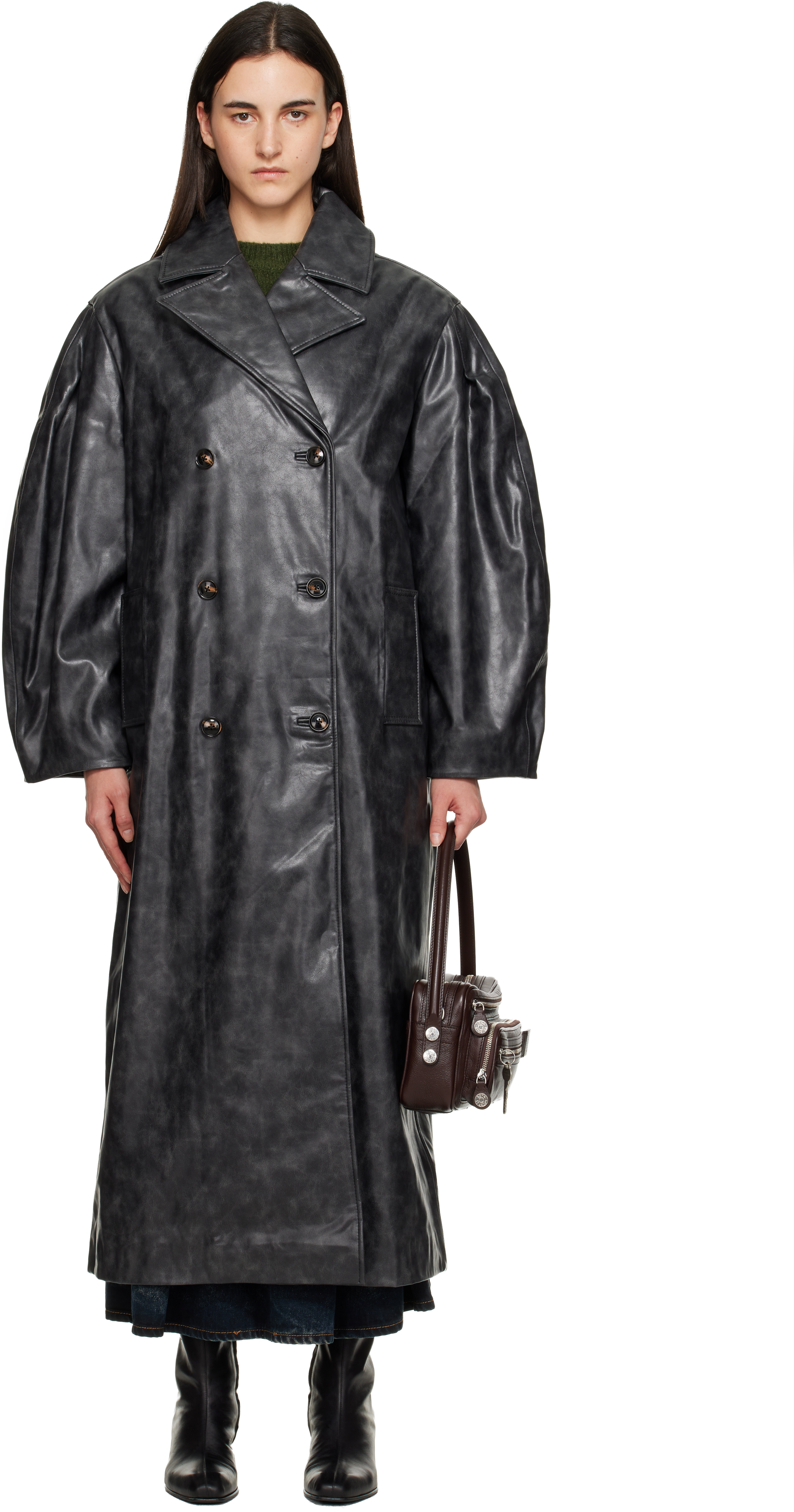 Ganni Black Distressed Leather Trench Coat In Gray