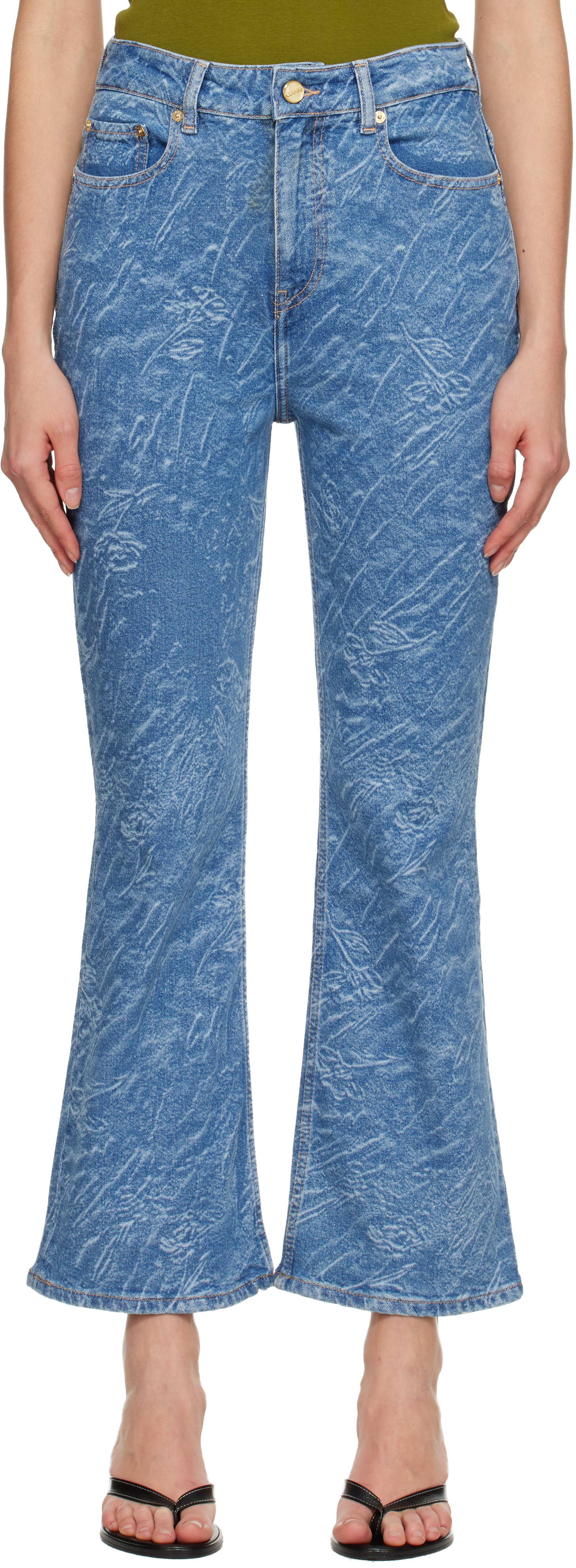 Ganni Blue Straight 3d Laser Betzy Cropped Jeans