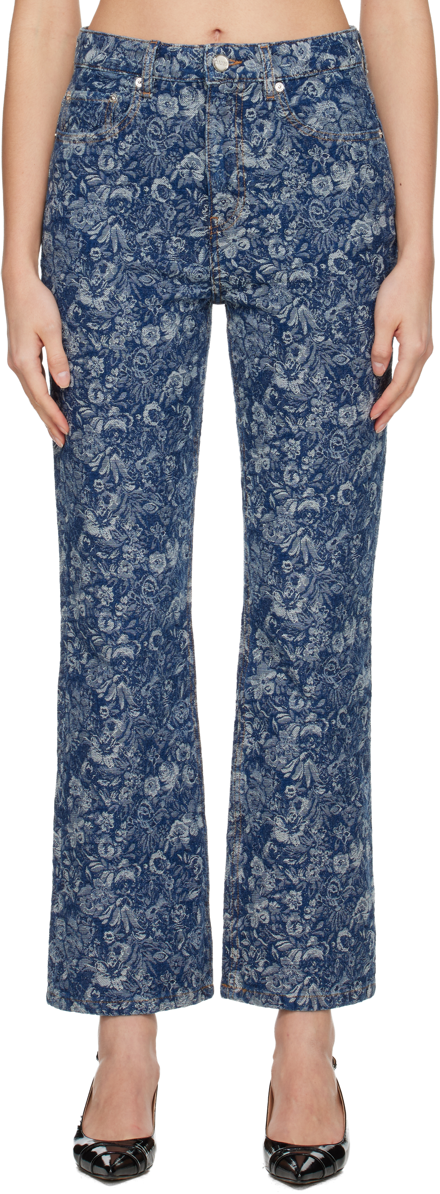 Ganni Blue Straight Tapestry Cropped Betzy Jeans In Blue