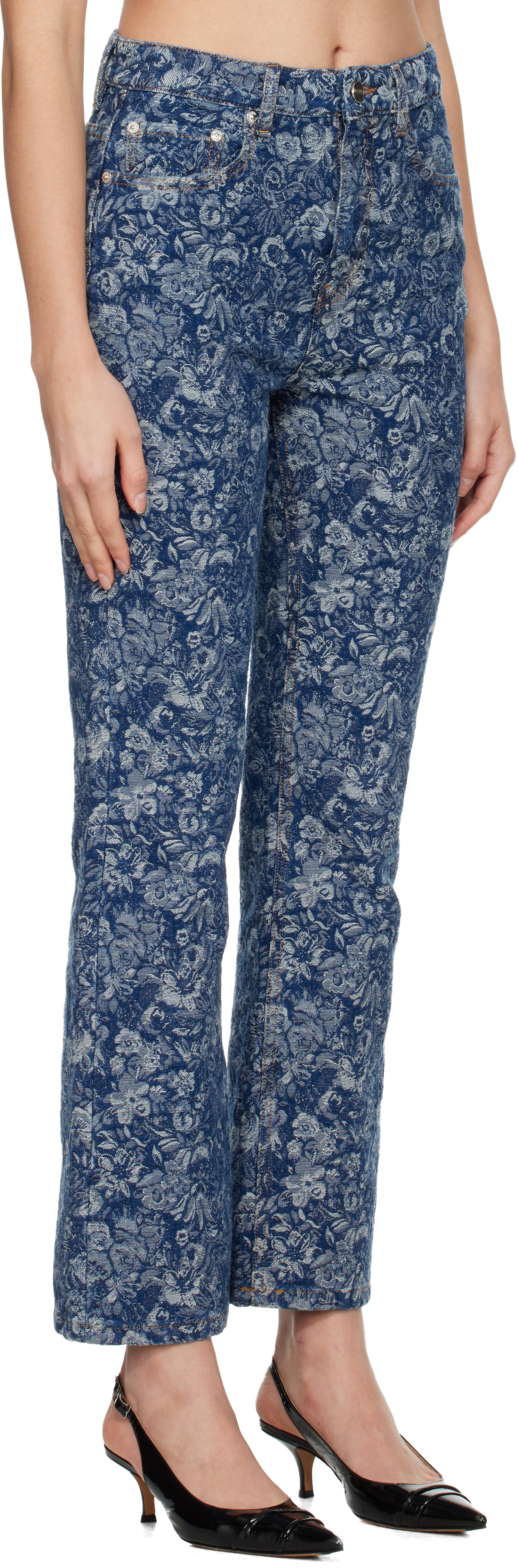 Ganni Blue Straight Tapestry Cropped Betzy Jeans In Blue