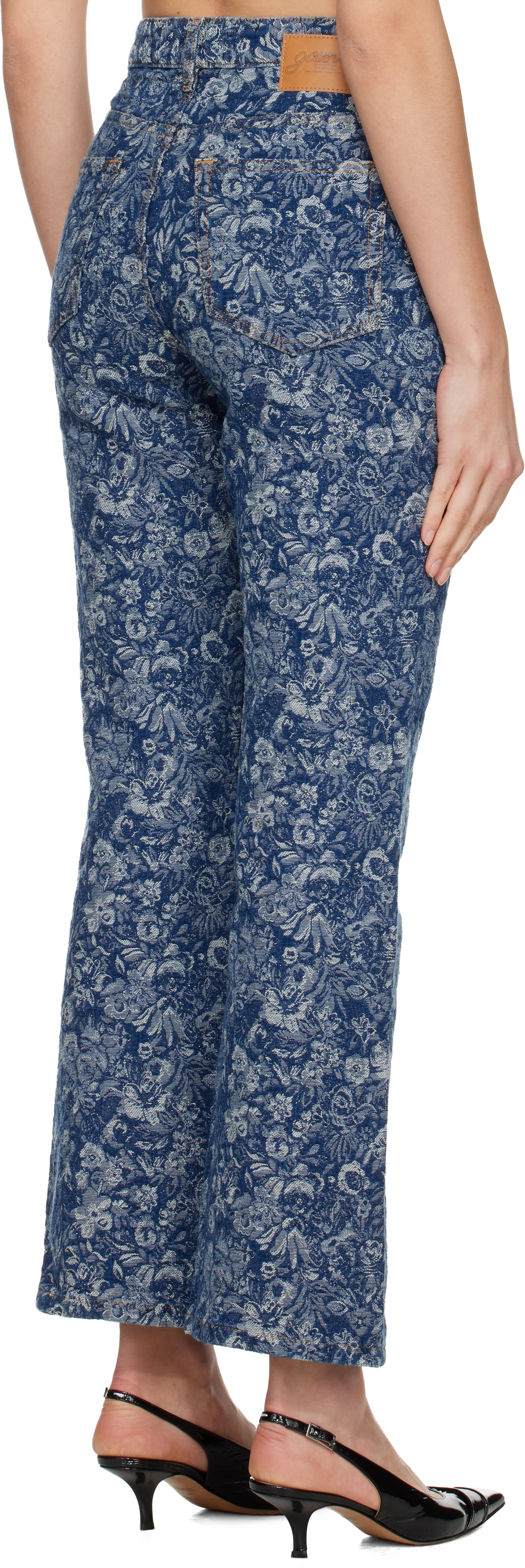 Ganni Blue Straight Tapestry Cropped Betzy Jeans In Blue