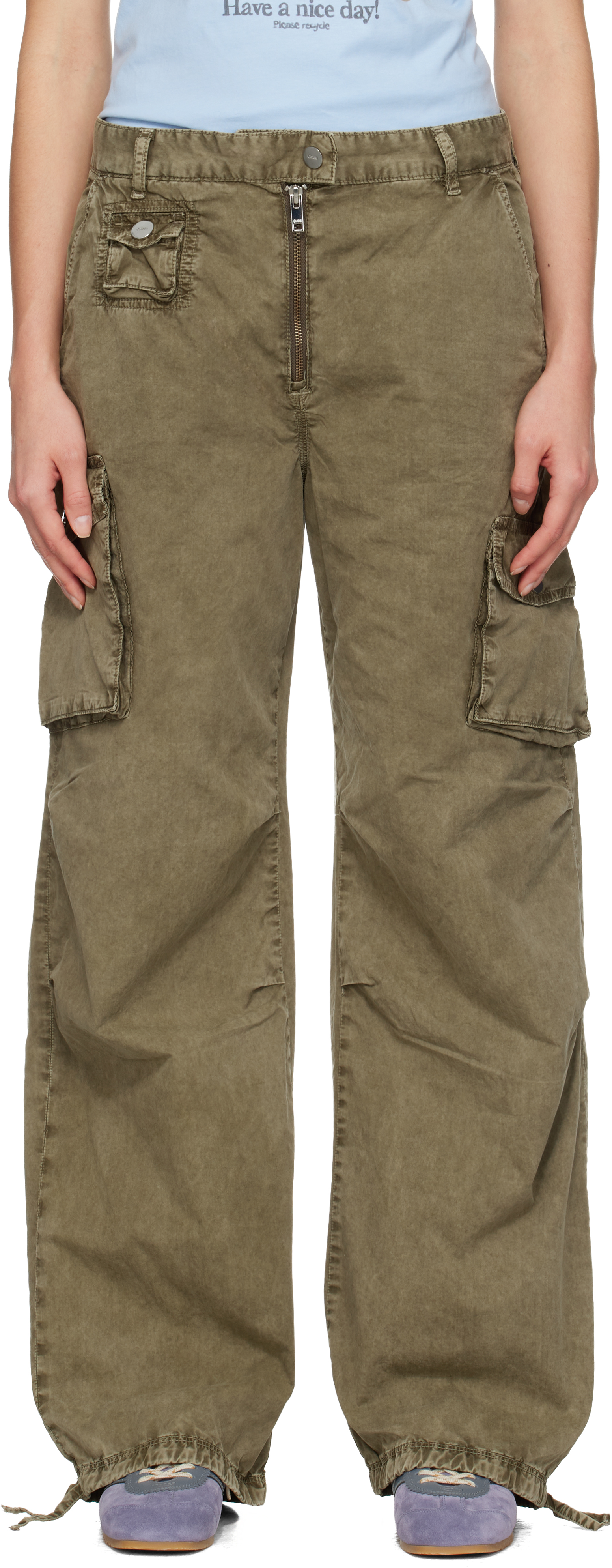 Khaki Washed Twill Trousers by GANNI on Sale