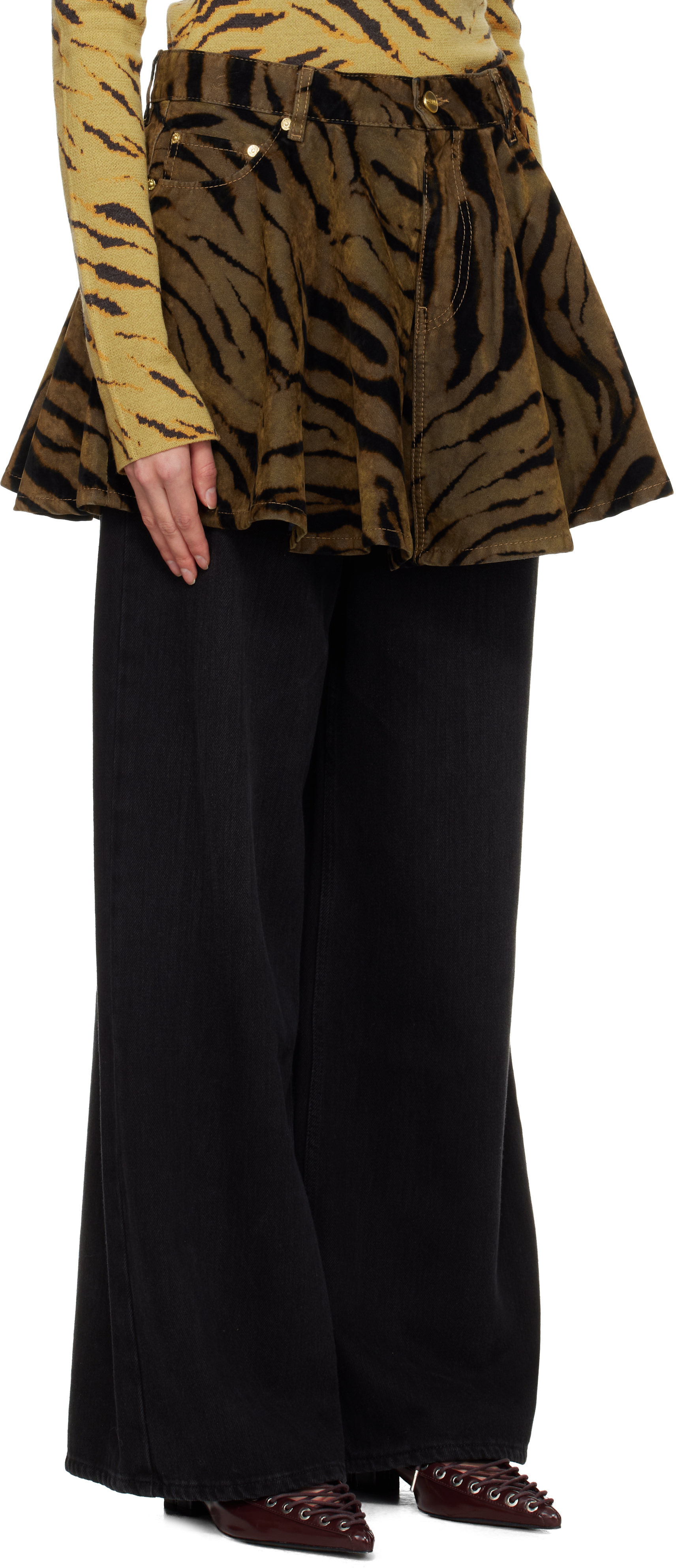 Ganni Khaki & Black Printed Flocked Denim Miniskirt In Brown