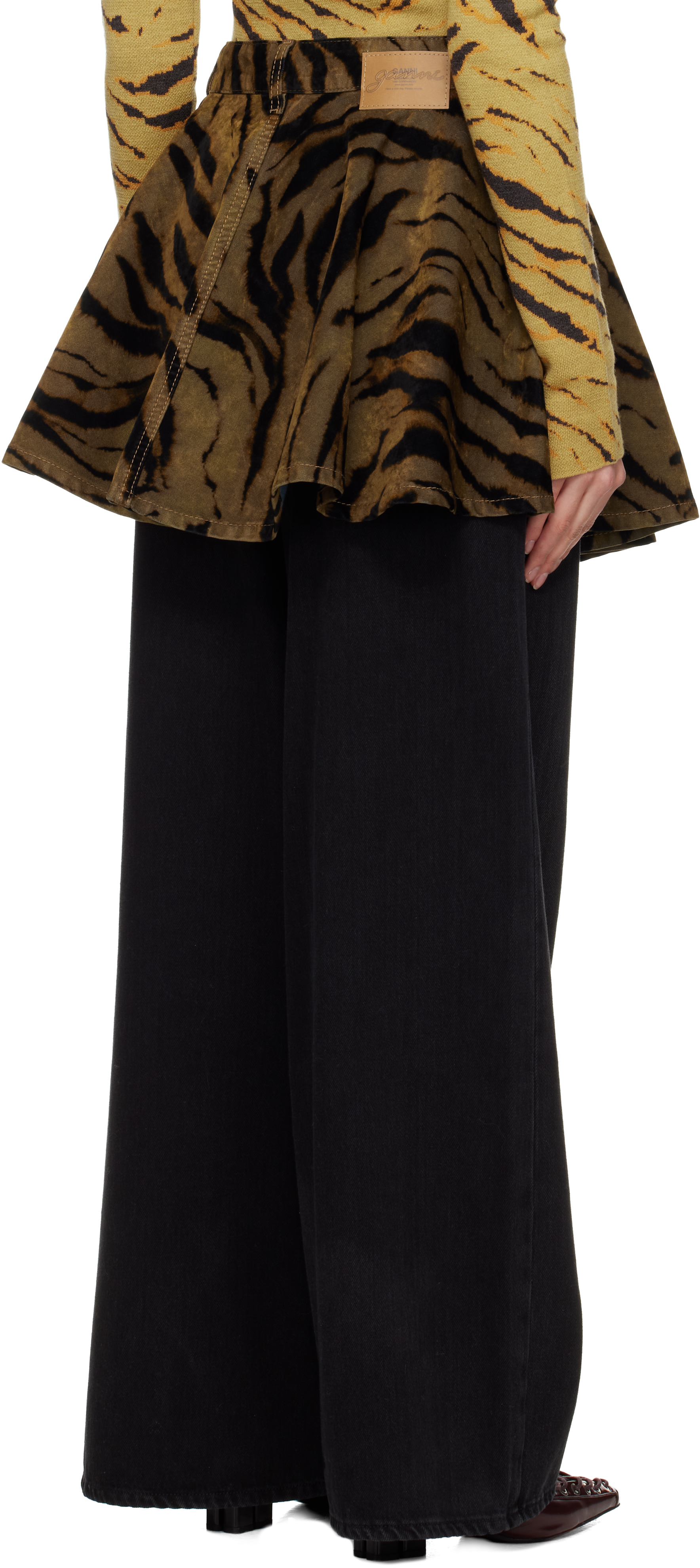 Ganni Khaki & Black Printed Flocked Denim Miniskirt In Brown