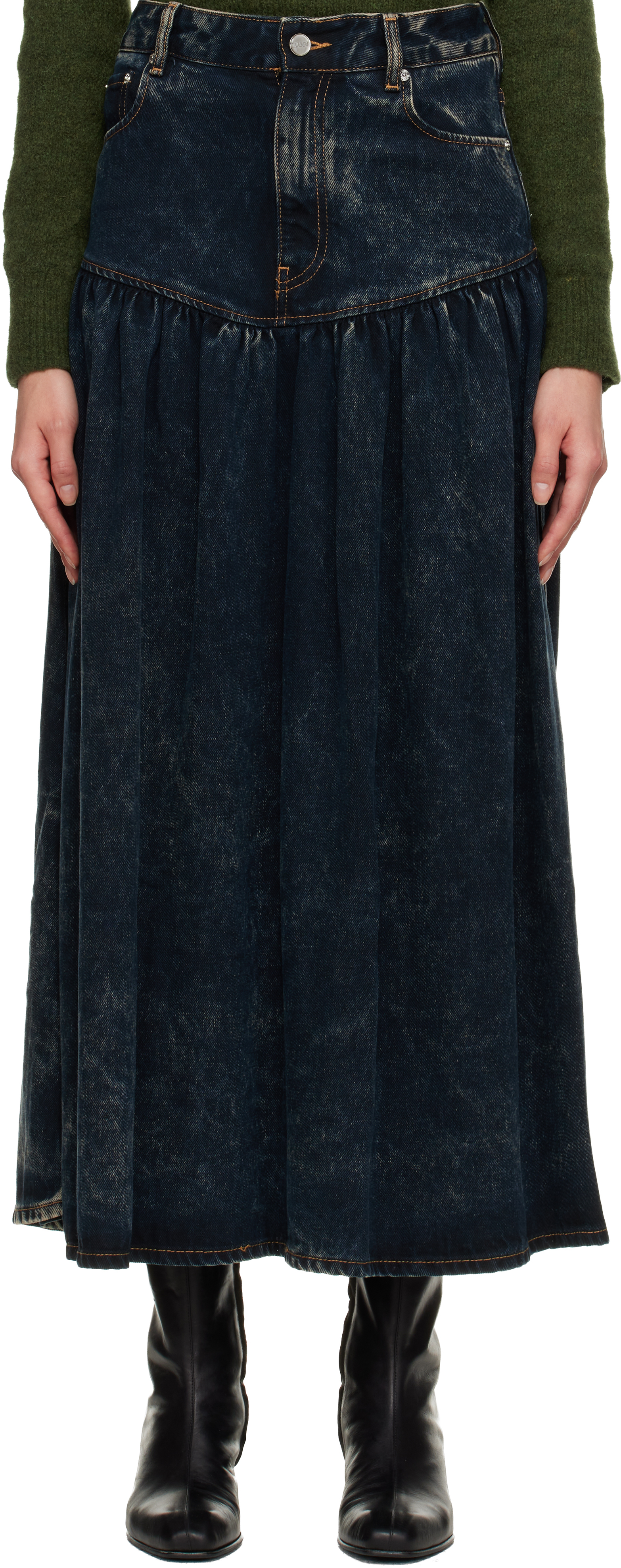 Ganni Black Washed Denim Midi Skirt