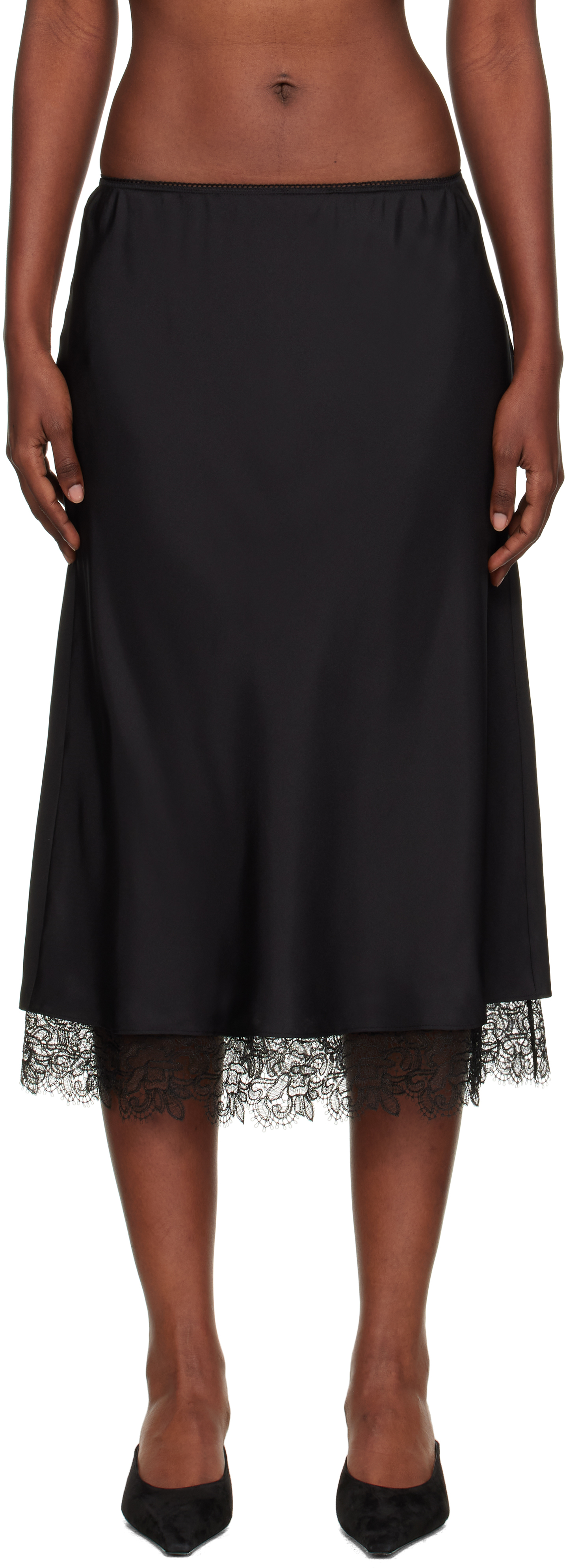Róhe Black Lace-Trimmed Silk Midi Skirt