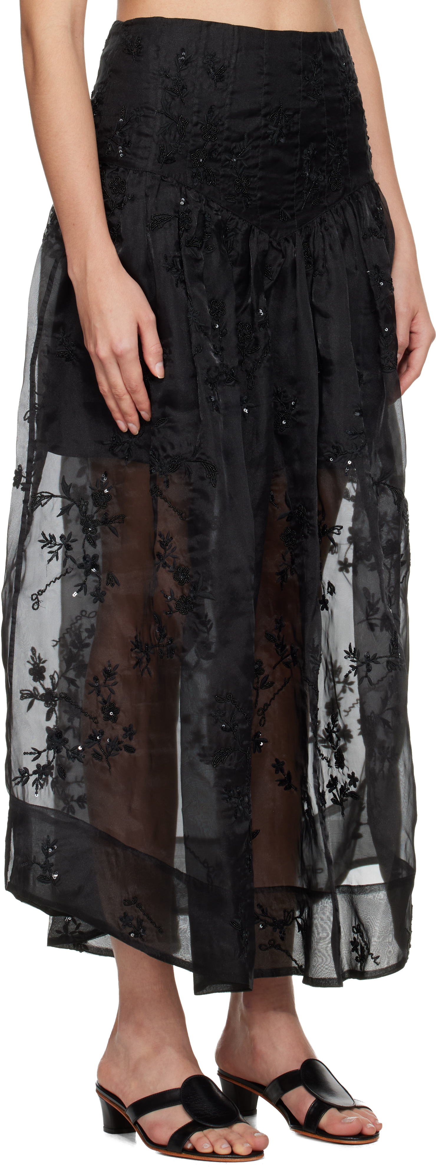 Ganni Black Embellished Organza Maxi Skirt In Black