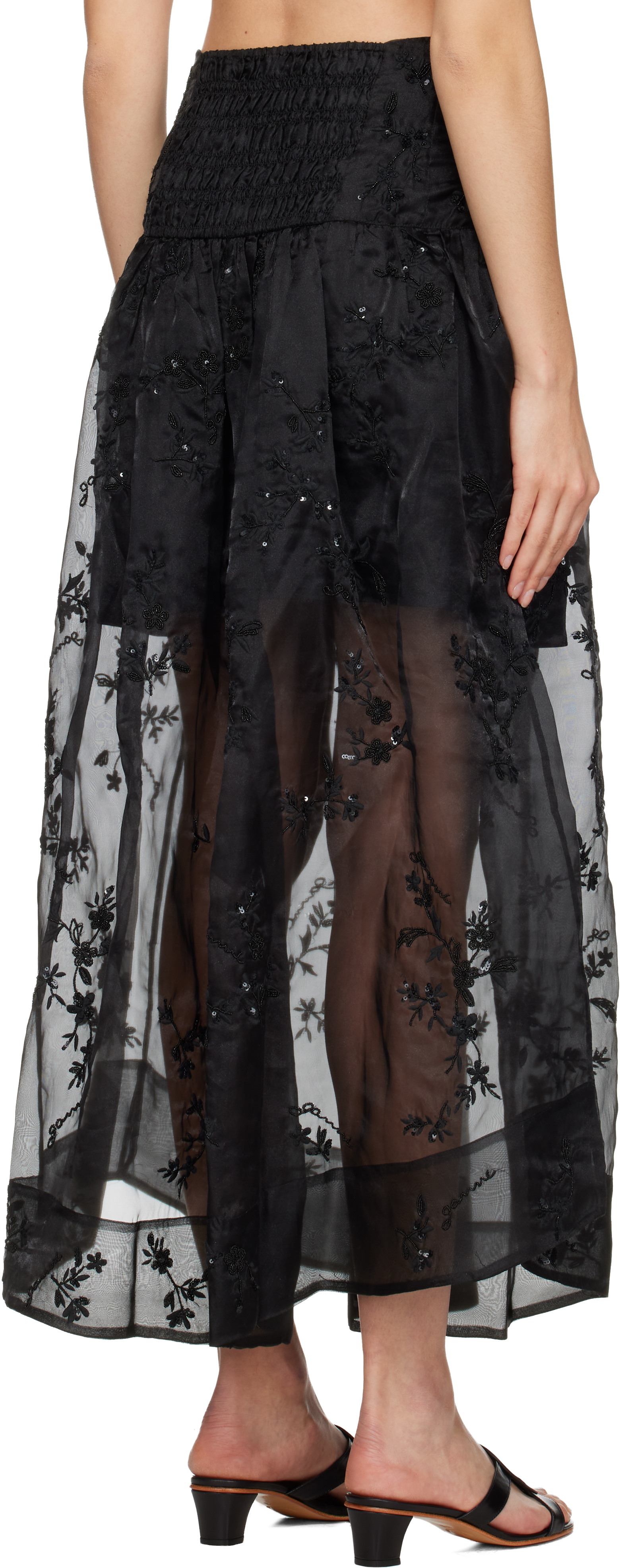 Ganni Black Embellished Organza Maxi Skirt In Black