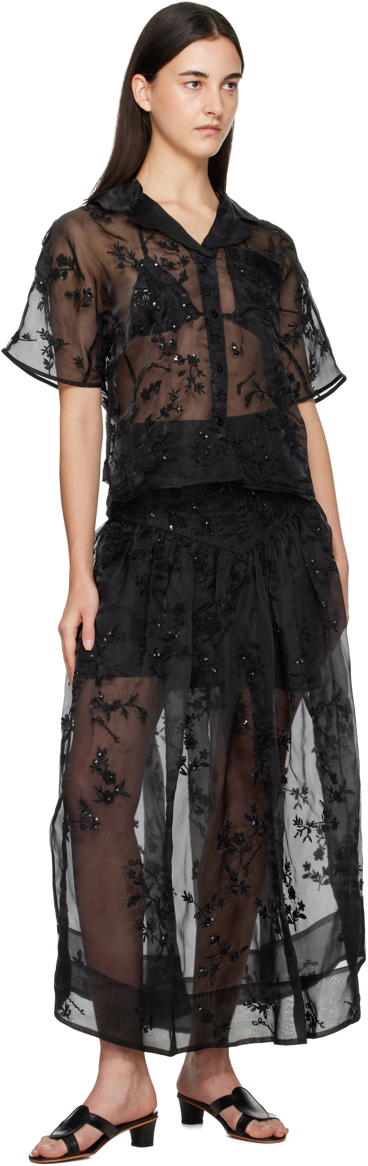 Ganni Black Embellished Organza Maxi Skirt In Black