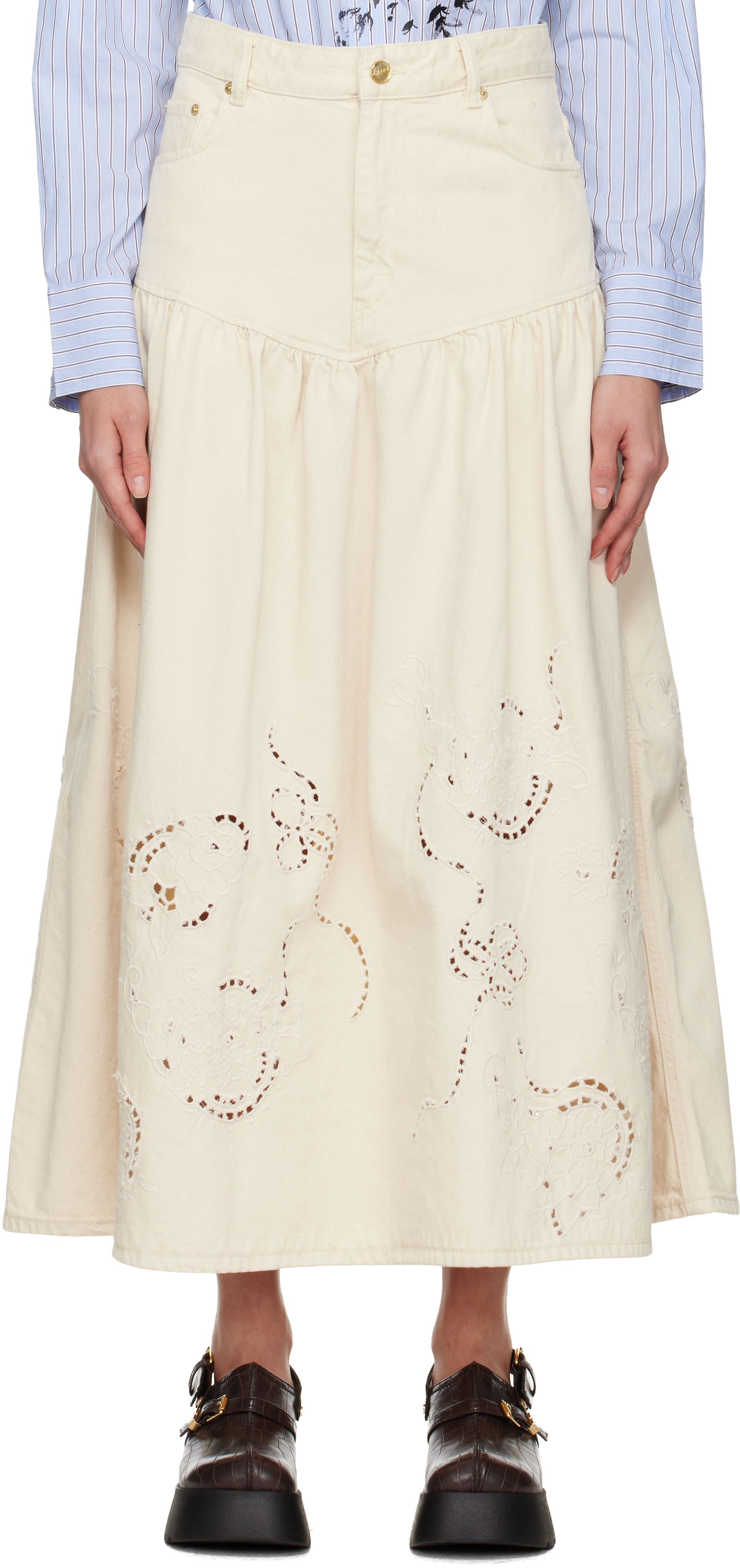 Ganni Off-white Broderie Anglaise Denim Maxi Skirt