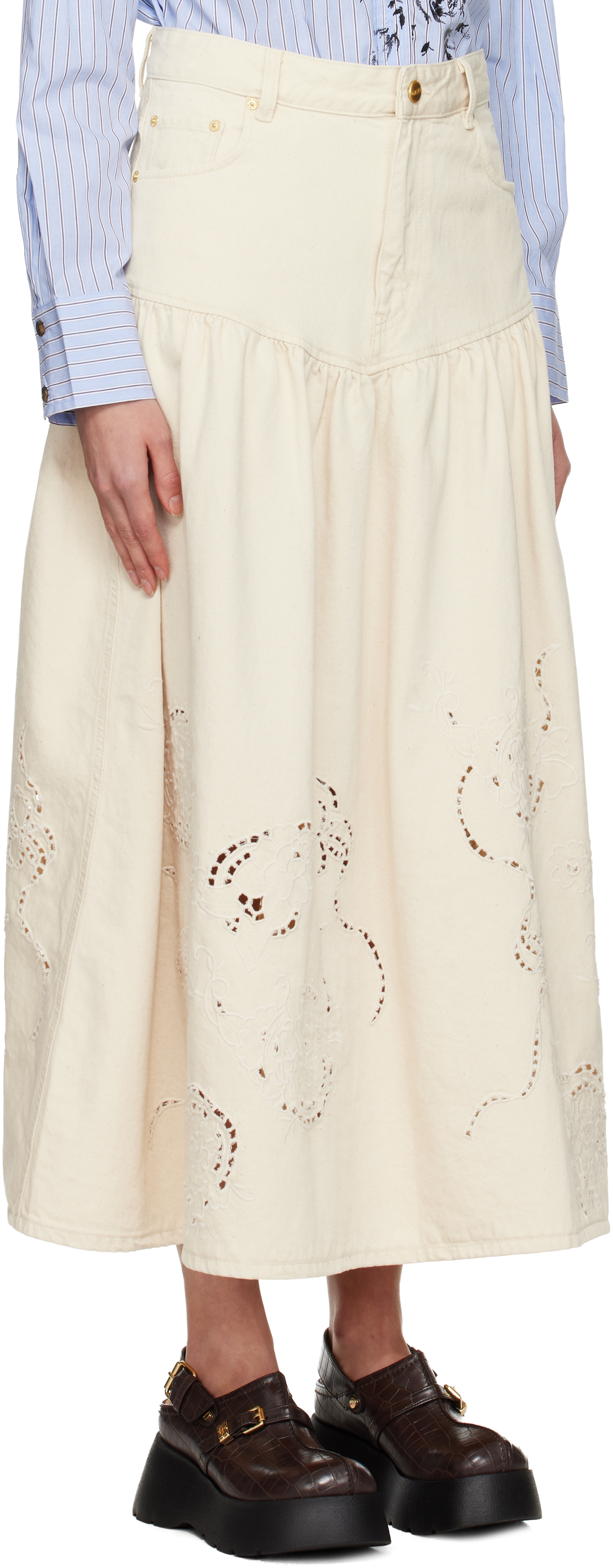 Ganni Off-white Broderie Anglaise Denim Maxi Skirt In White