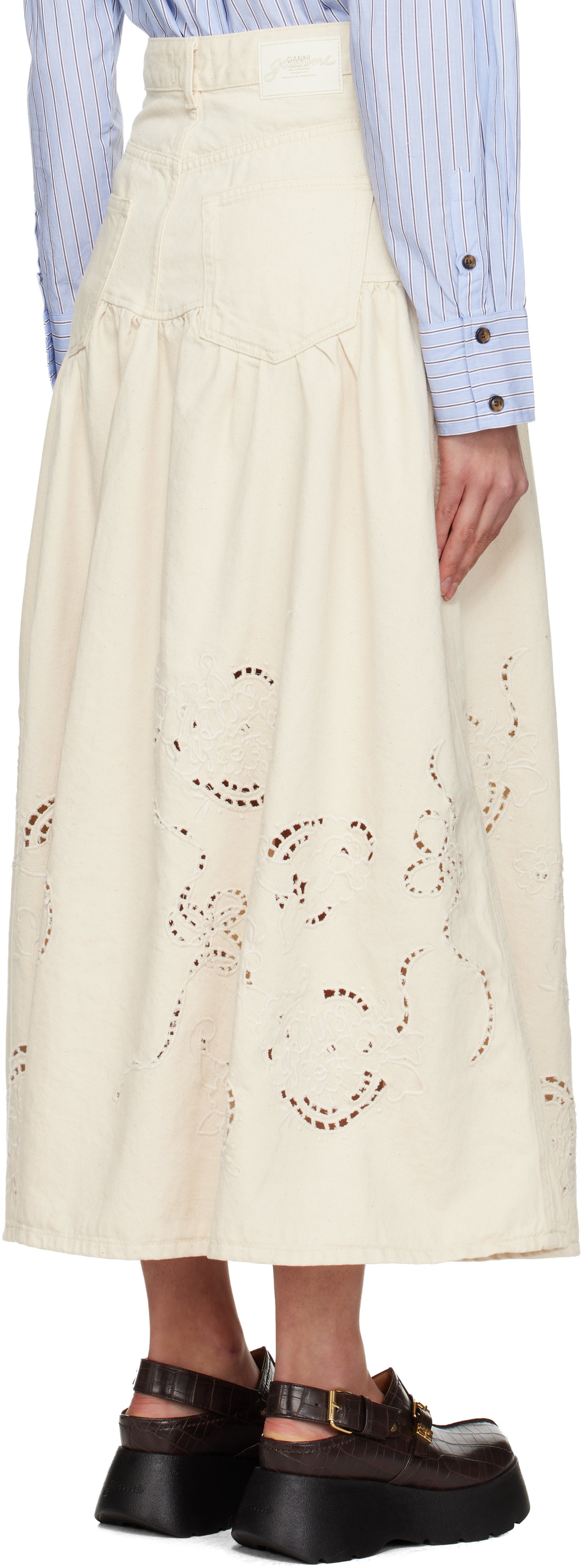 Ganni Off-white Broderie Anglaise Denim Maxi Skirt In White