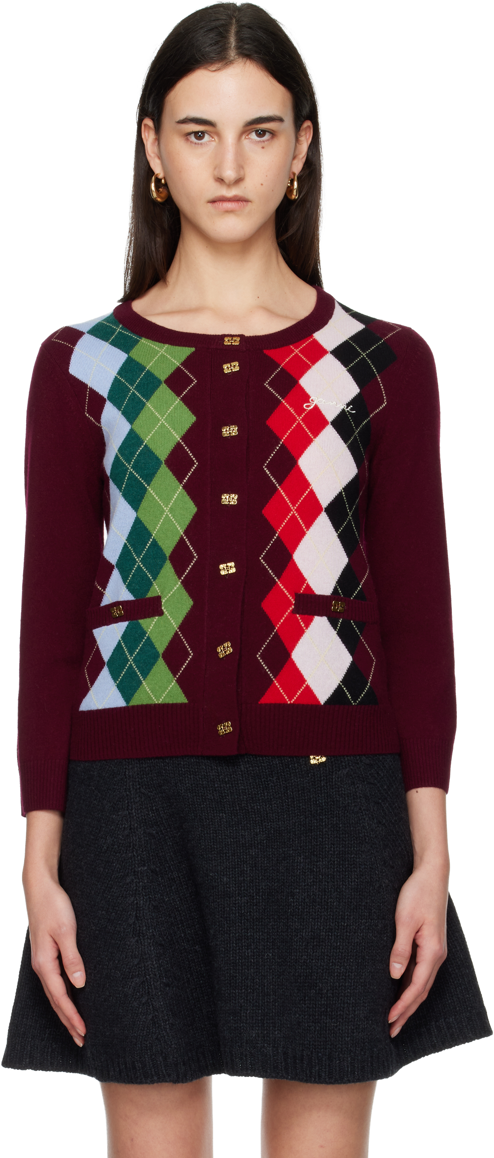GANNI BURGUNDY CHECK CARDIGAN