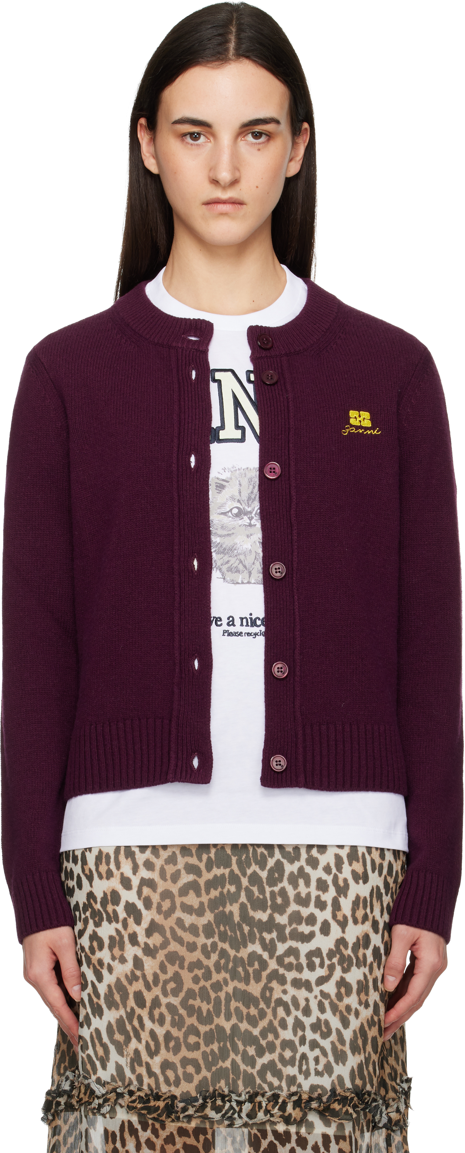 Ganni Burgundy Wool Mix Cardigan