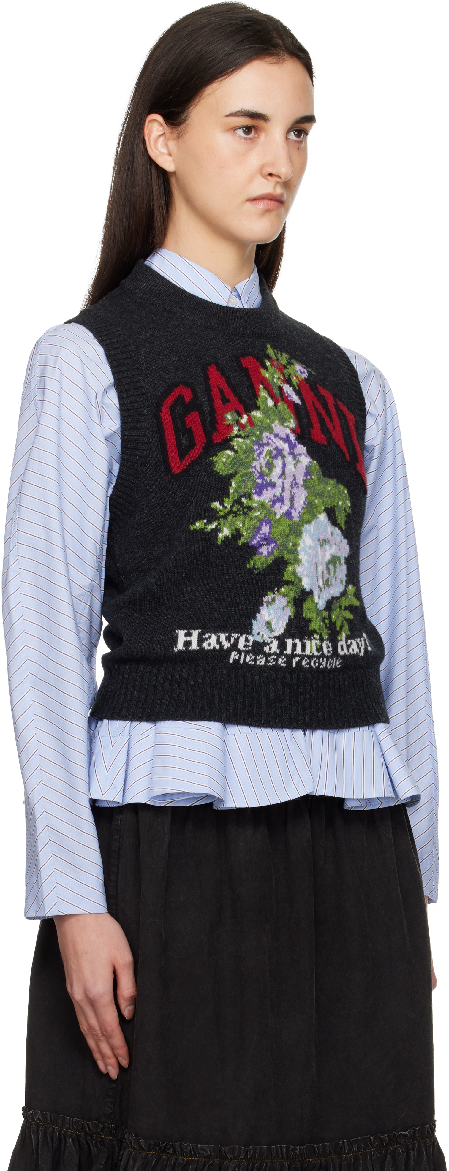 Ganni Grey Rose Wool Vest In Black