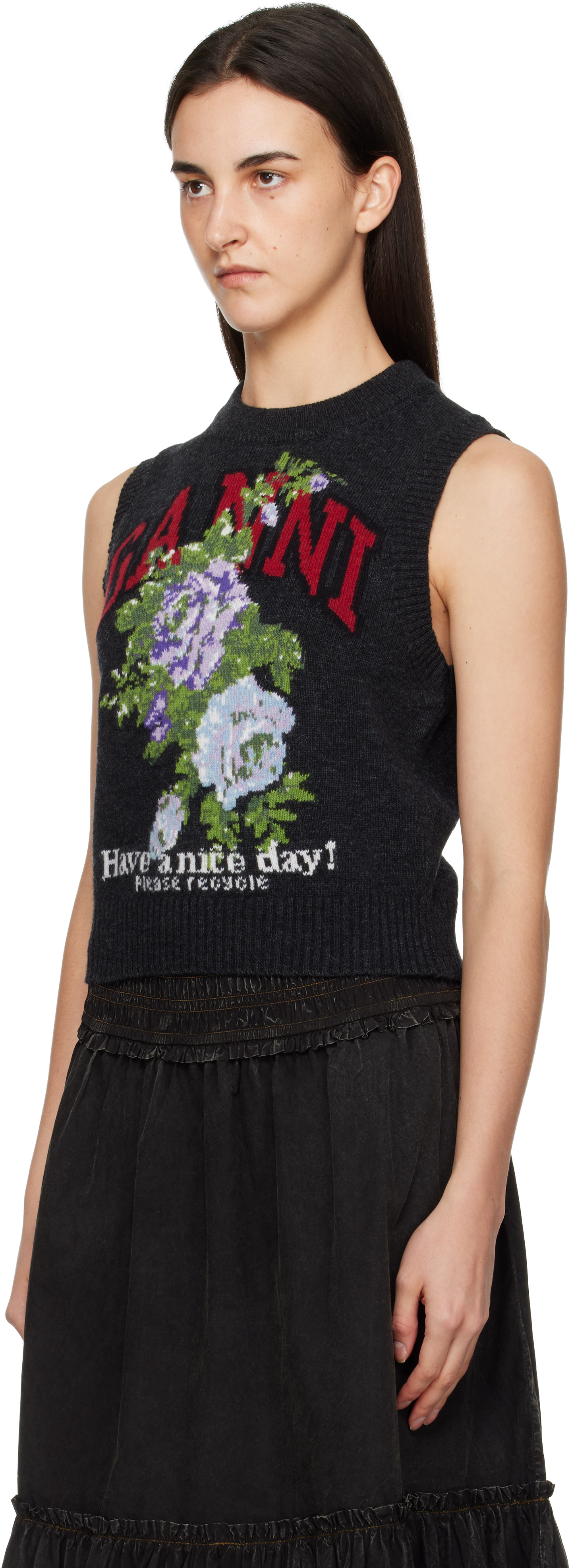 Ganni Grey Rose Wool Vest In Black