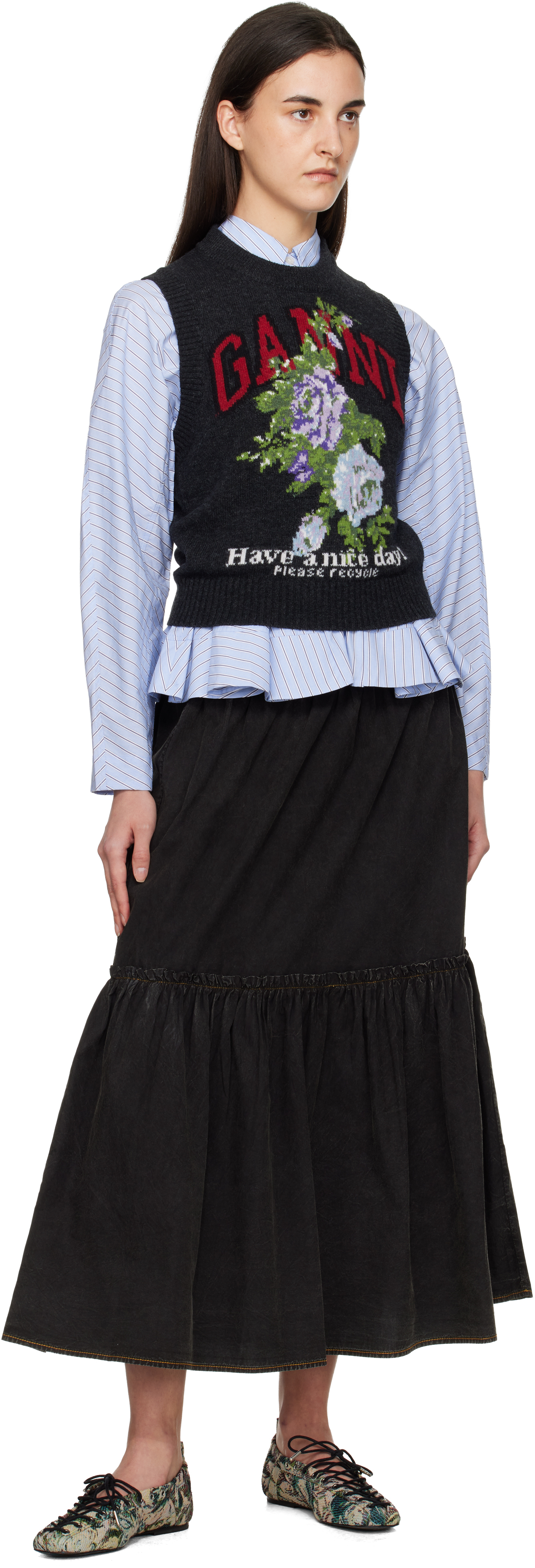 Ganni Grey Rose Wool Vest In Black