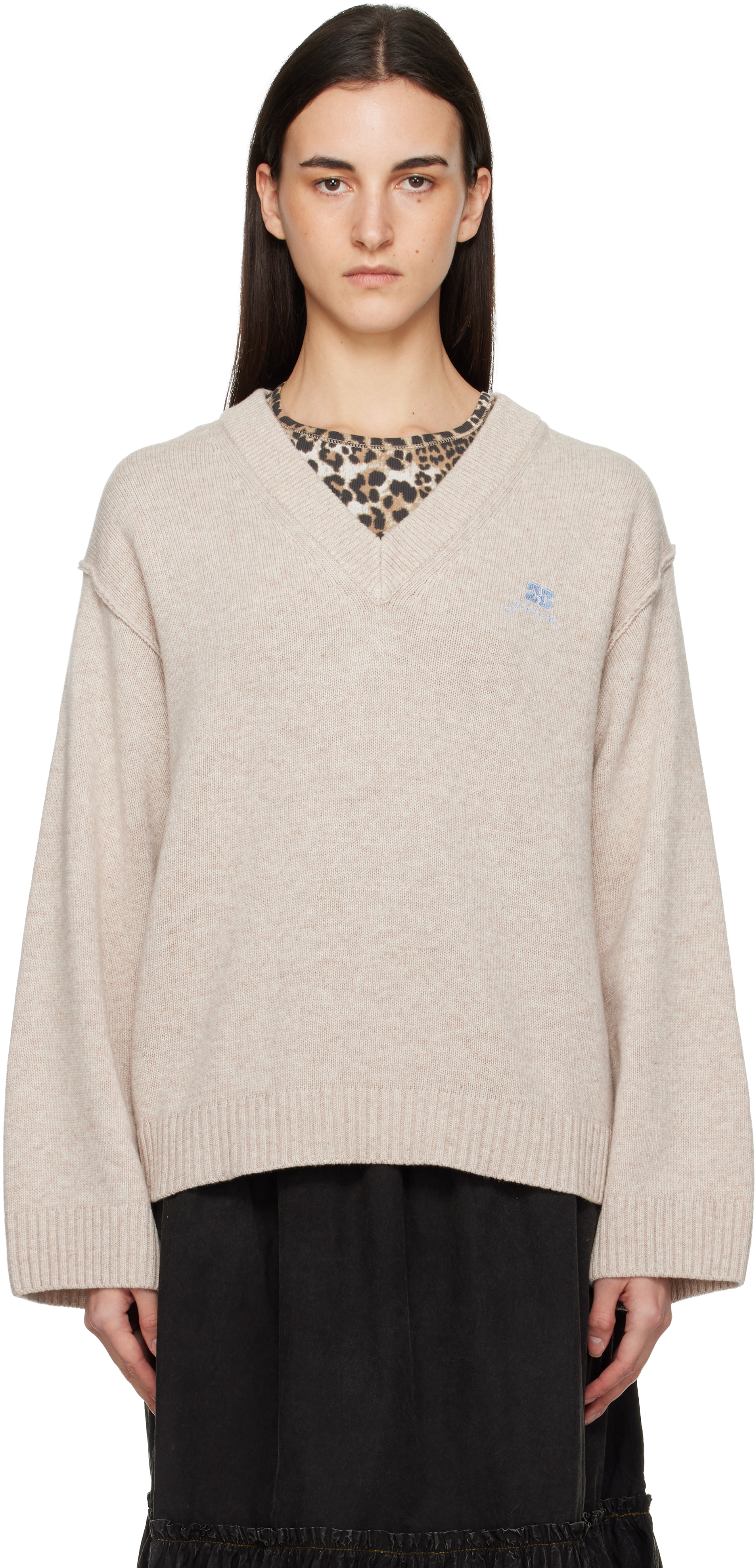 Ganni Beige Wool Mix V-neck Jumper Sweater In Neutral