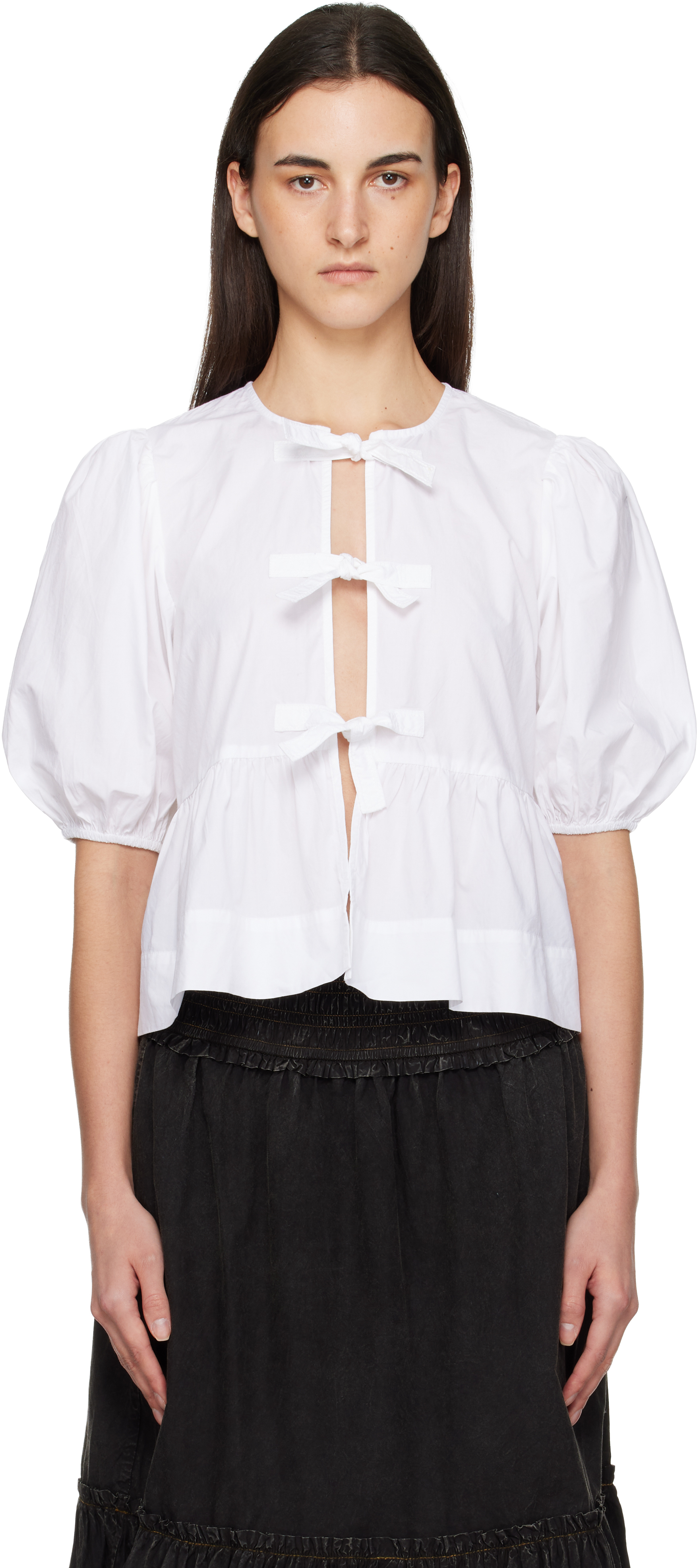 Ganni White Cotton Poplin Peplum Tie Blouse