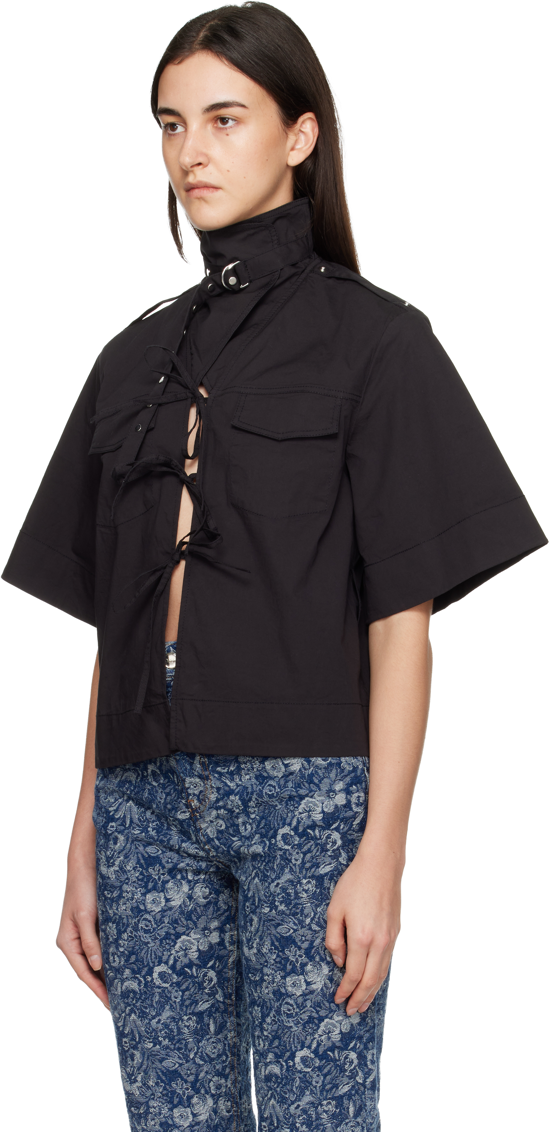 Ganni Black Stretch Cotton Blouse In Black